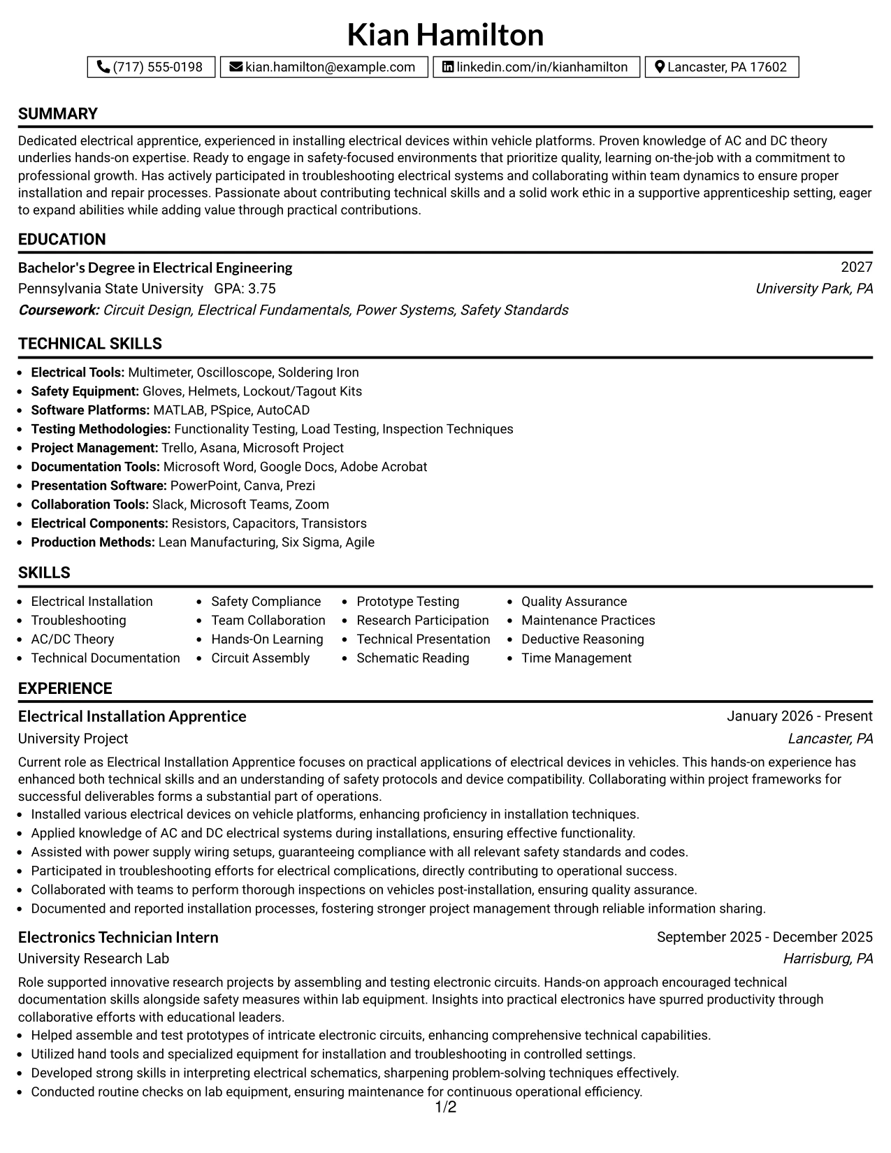 Resume Example Page 1