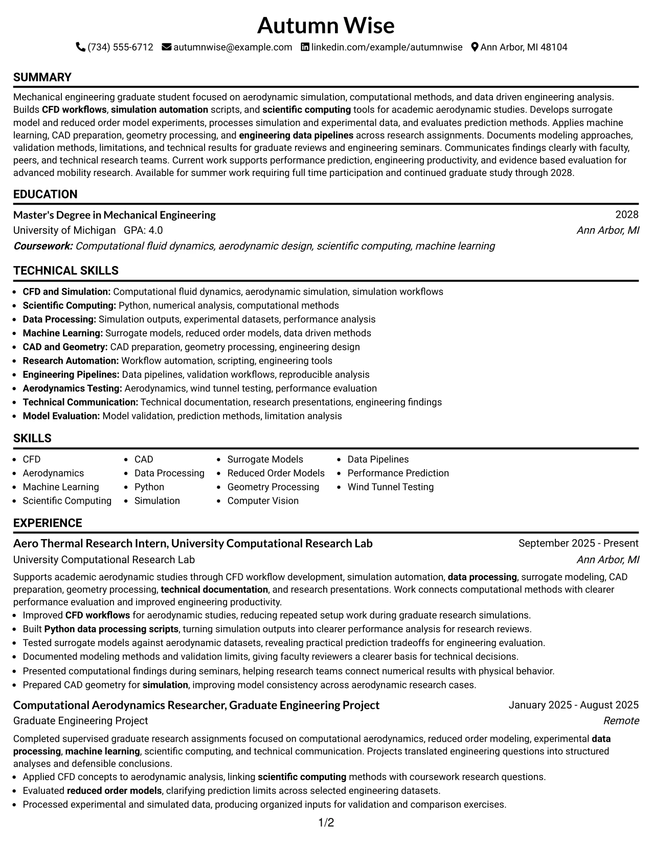 Resume Example Page 1
