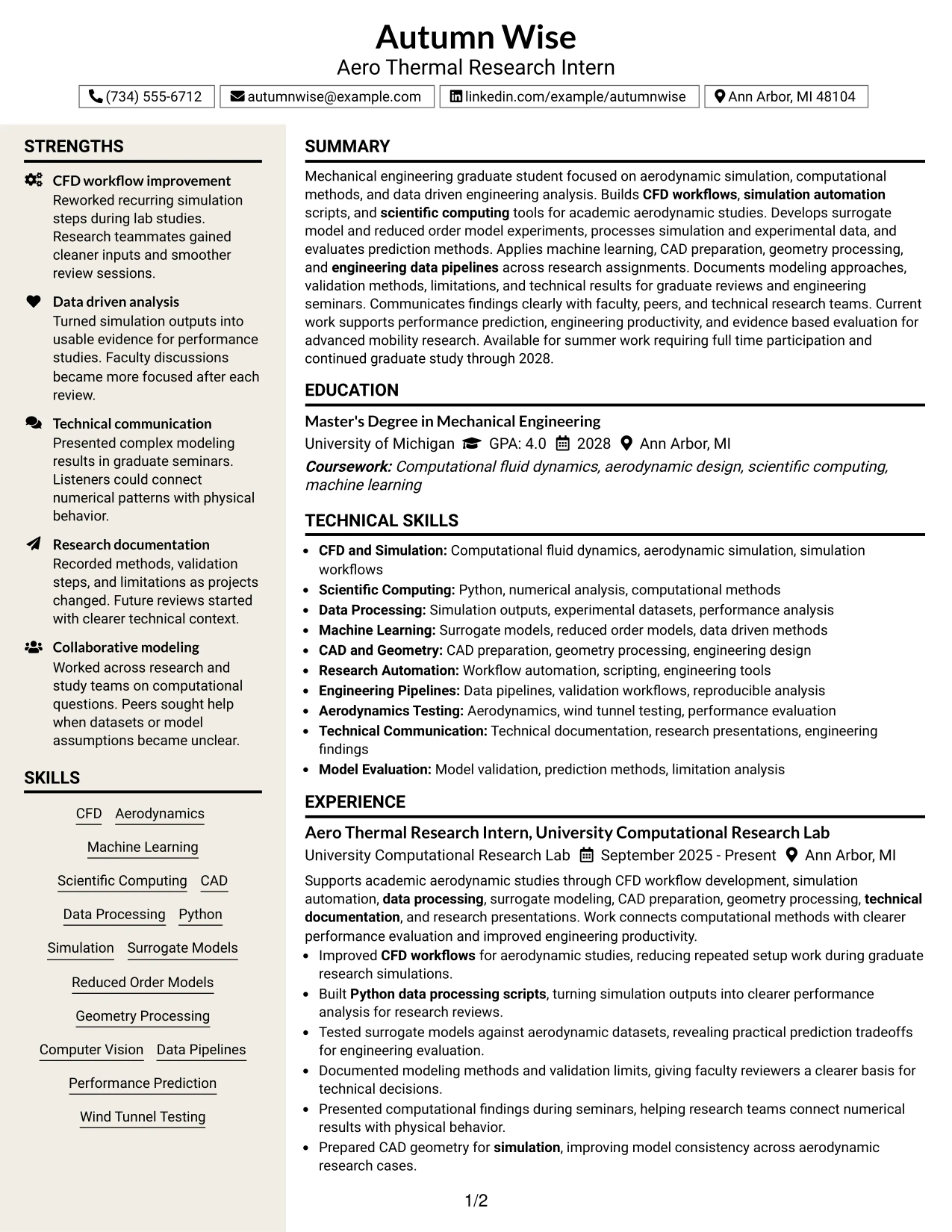 Resume Example Page 1