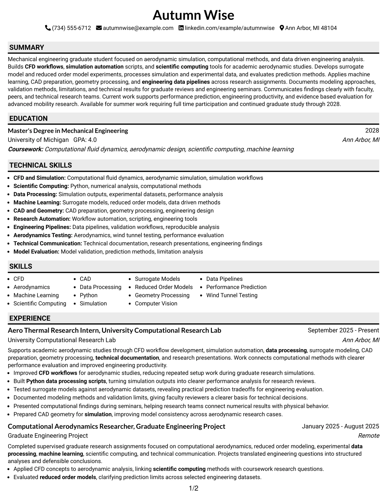 Resume Example Page 1