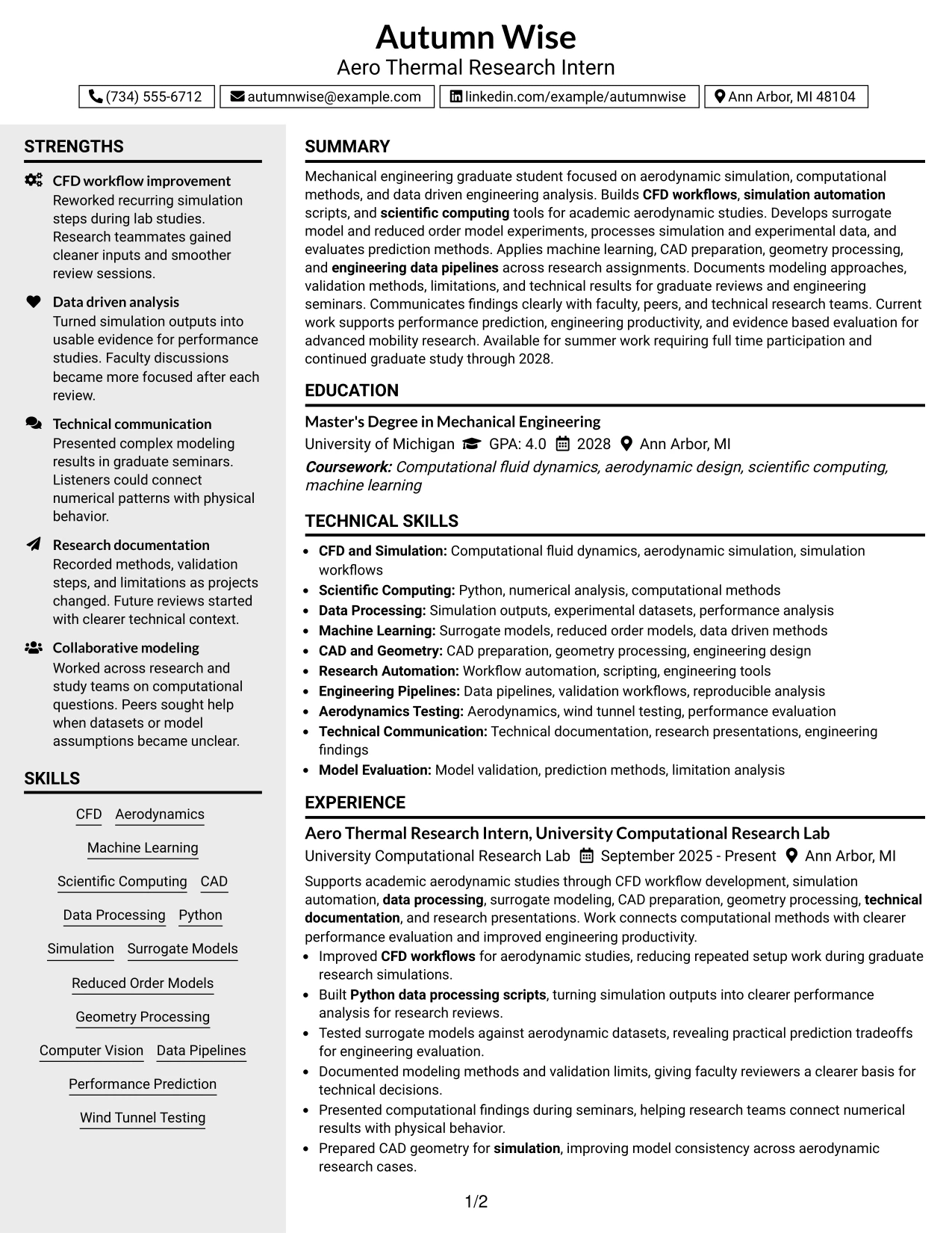 Resume Example Page 1