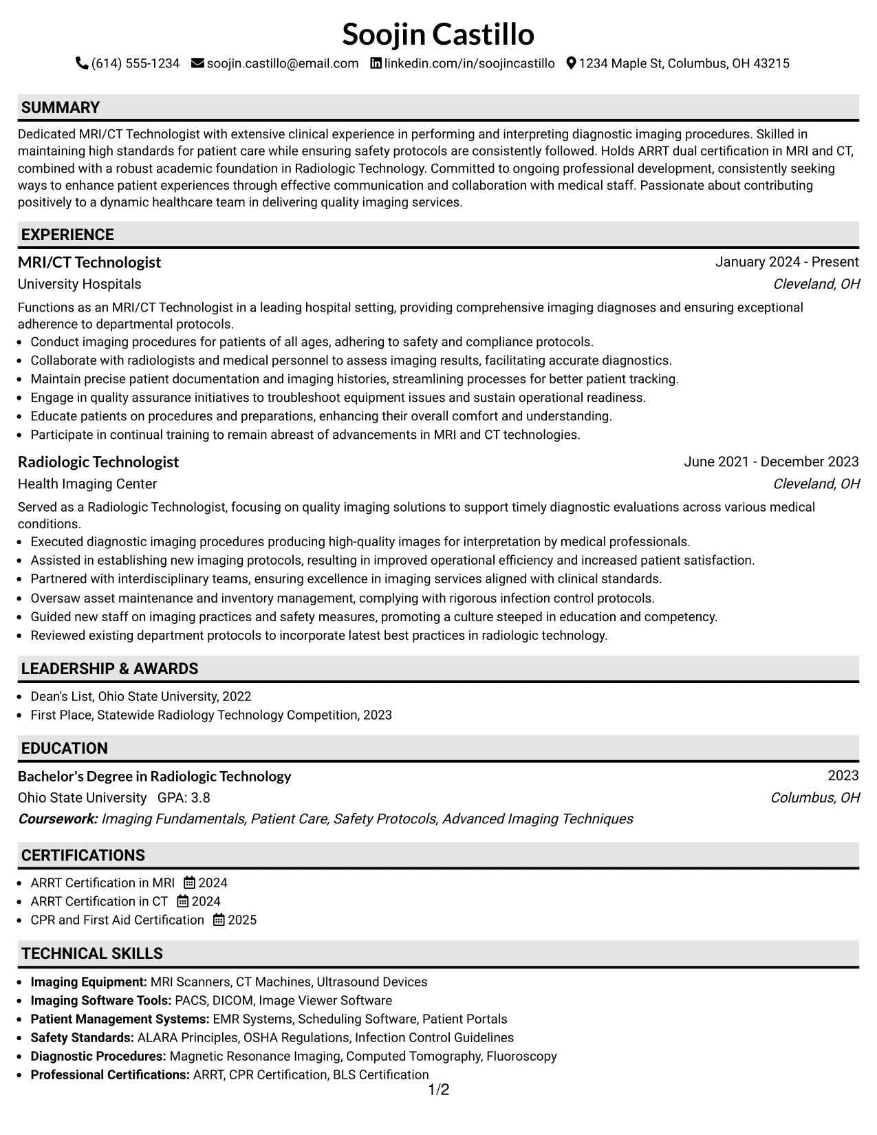 Resume Example Page 1