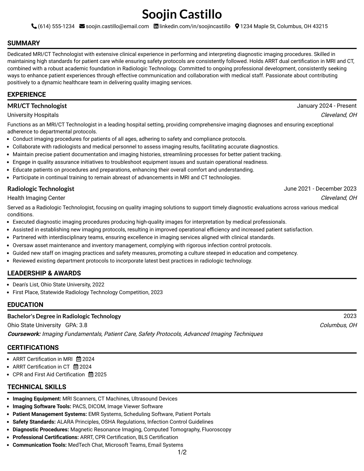 Resume Example Page 1