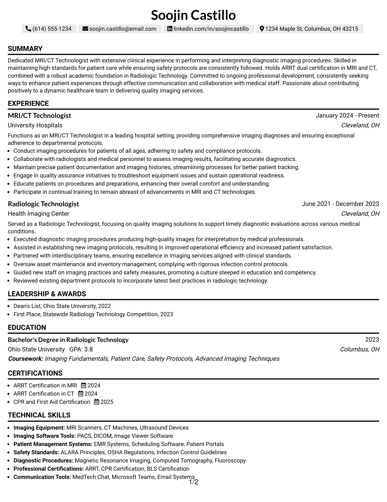 Resume Example Page 1