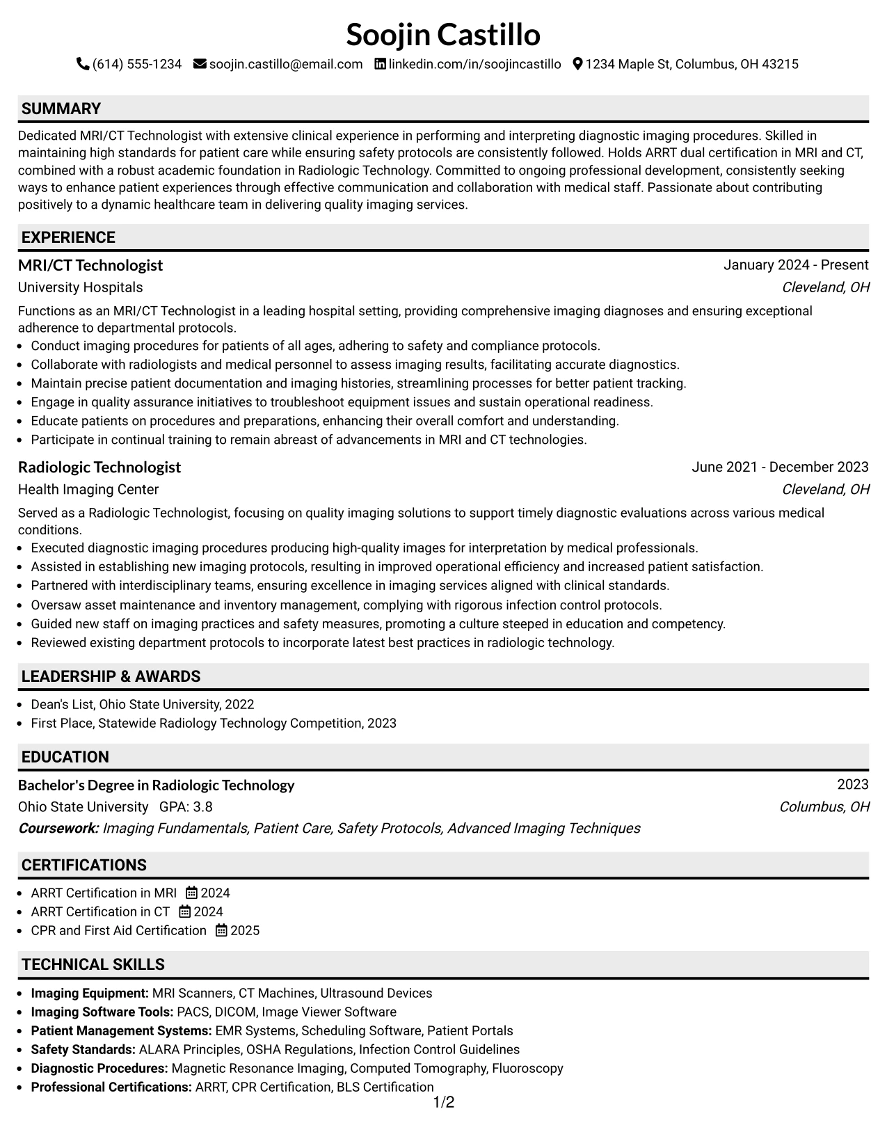 Resume Example Page 1
