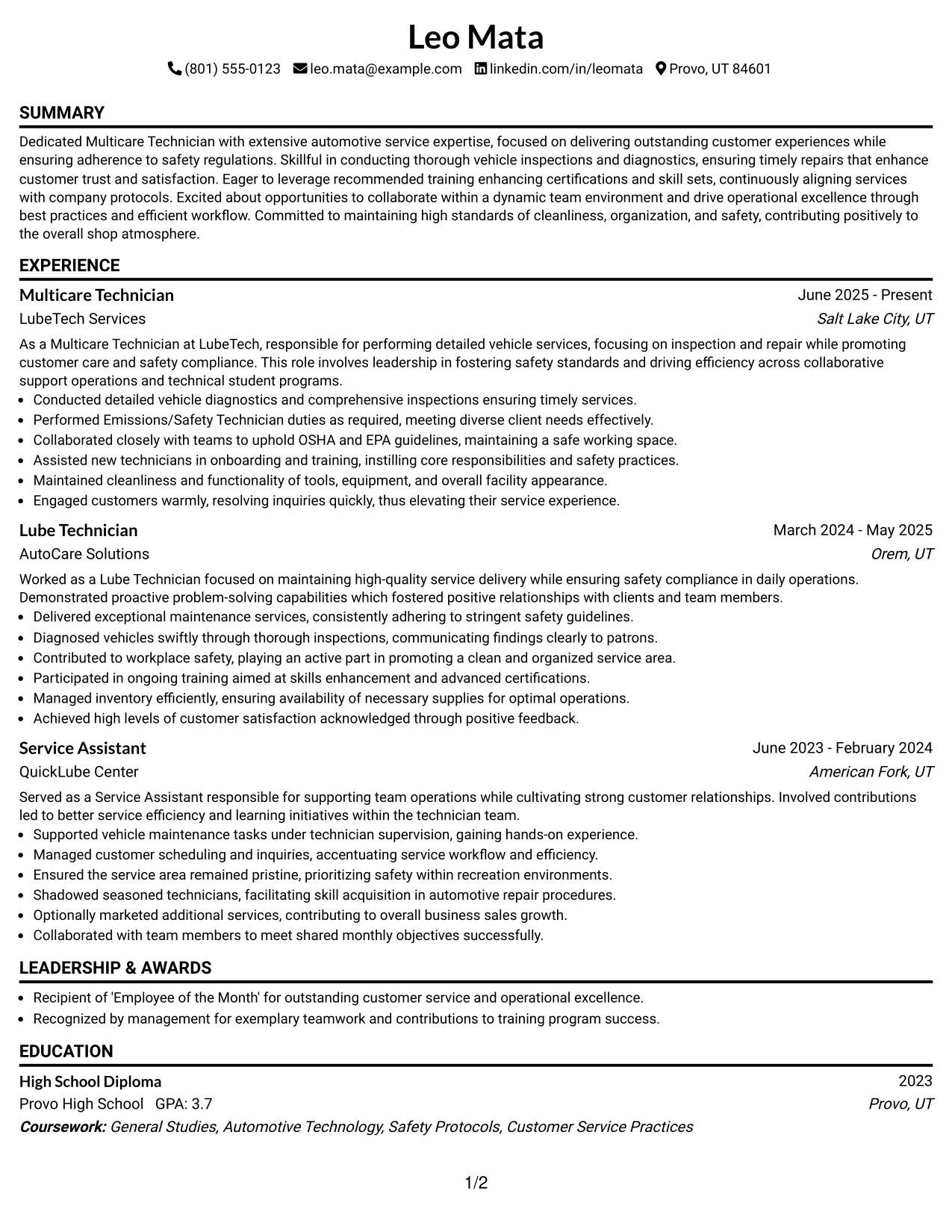 Resume Example Page 1
