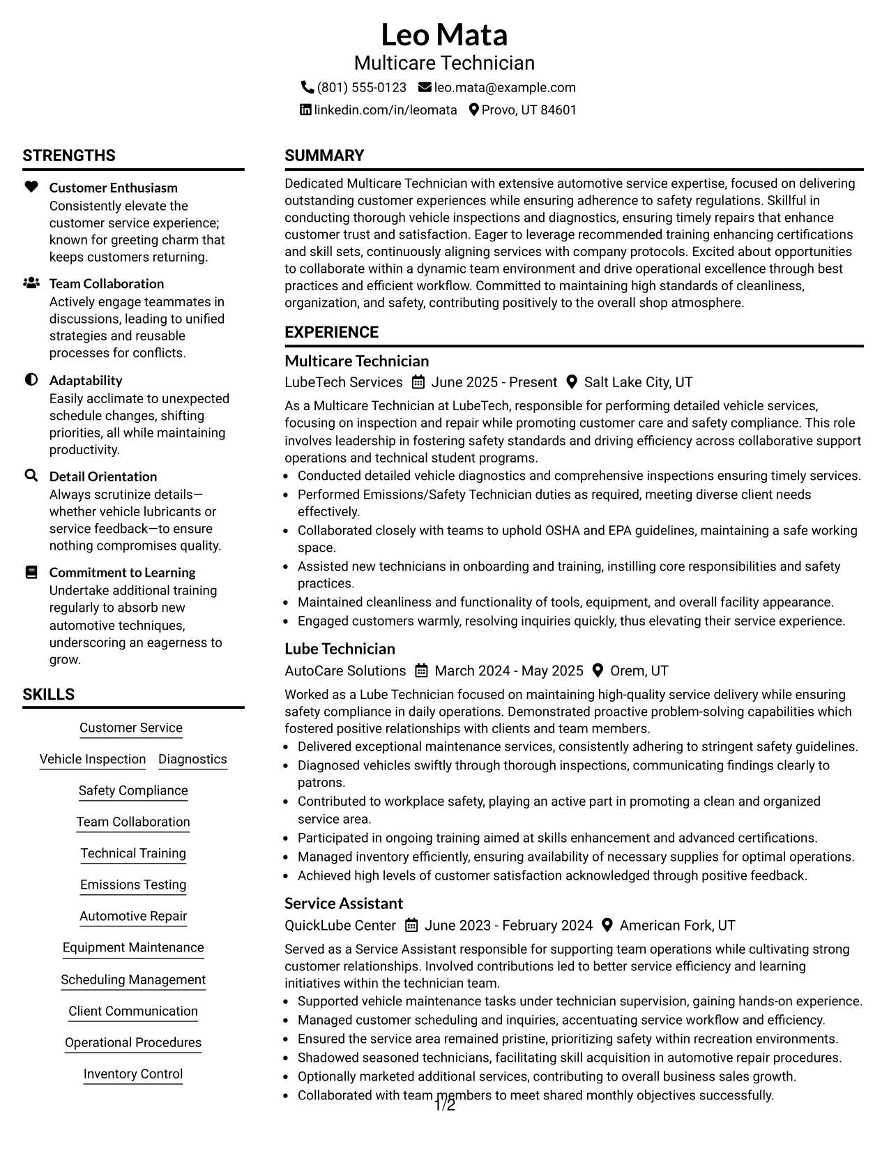 Resume Example Page 1