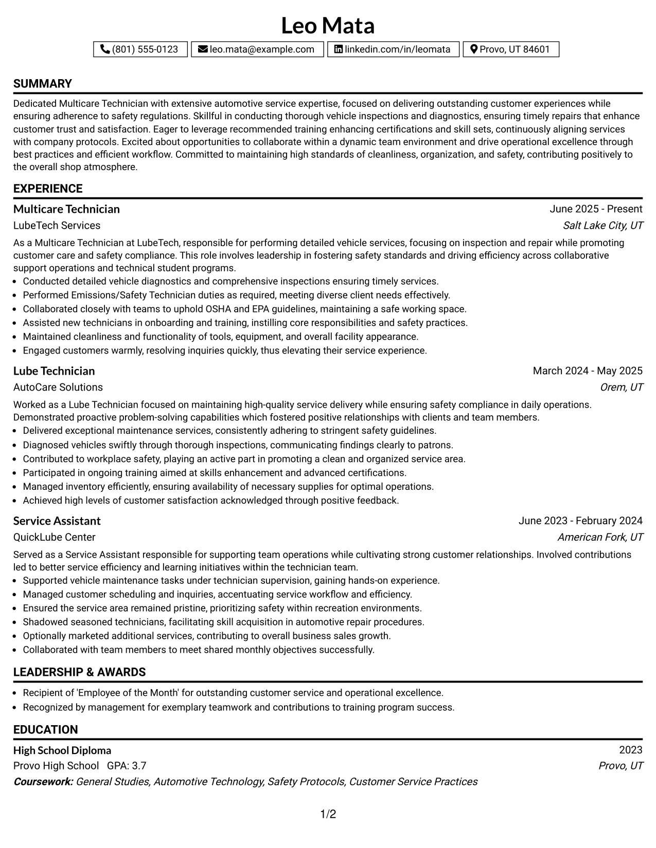 Resume Example Page 1