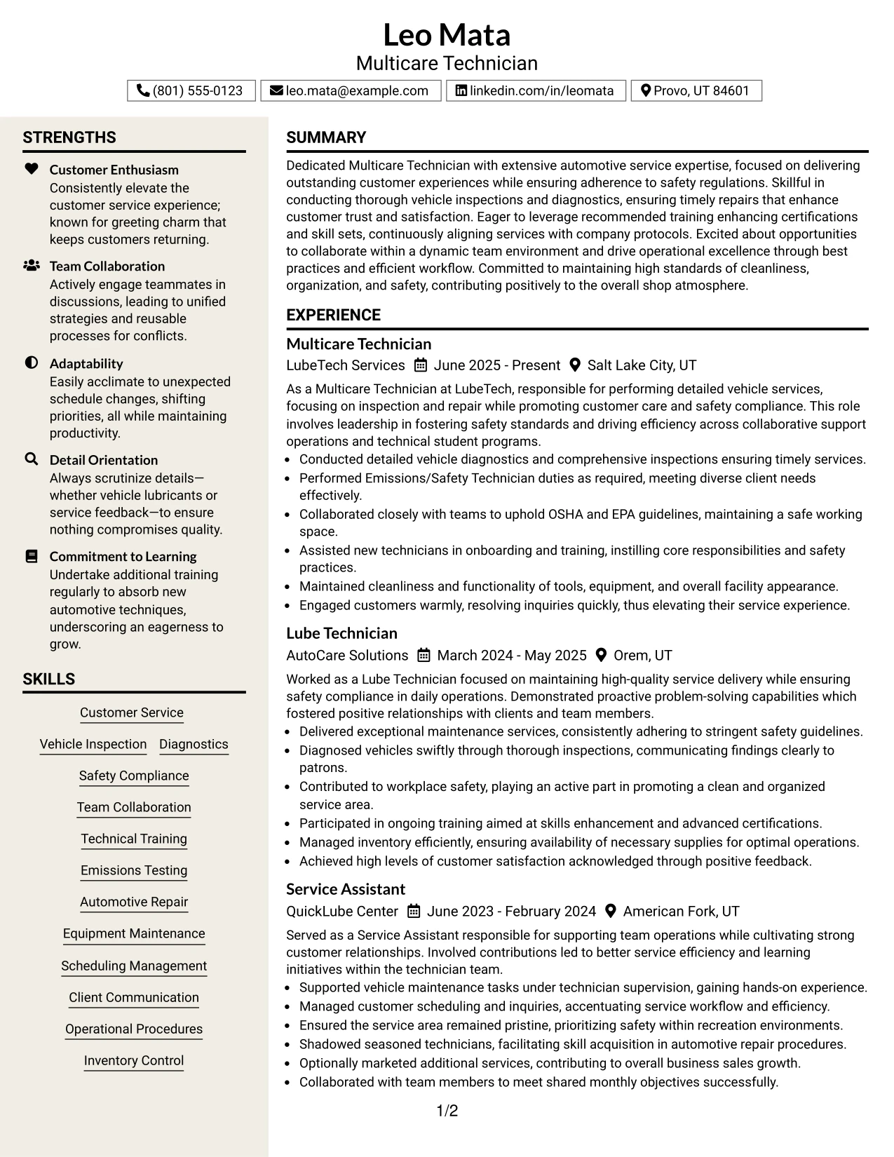 Resume Example Page 1
