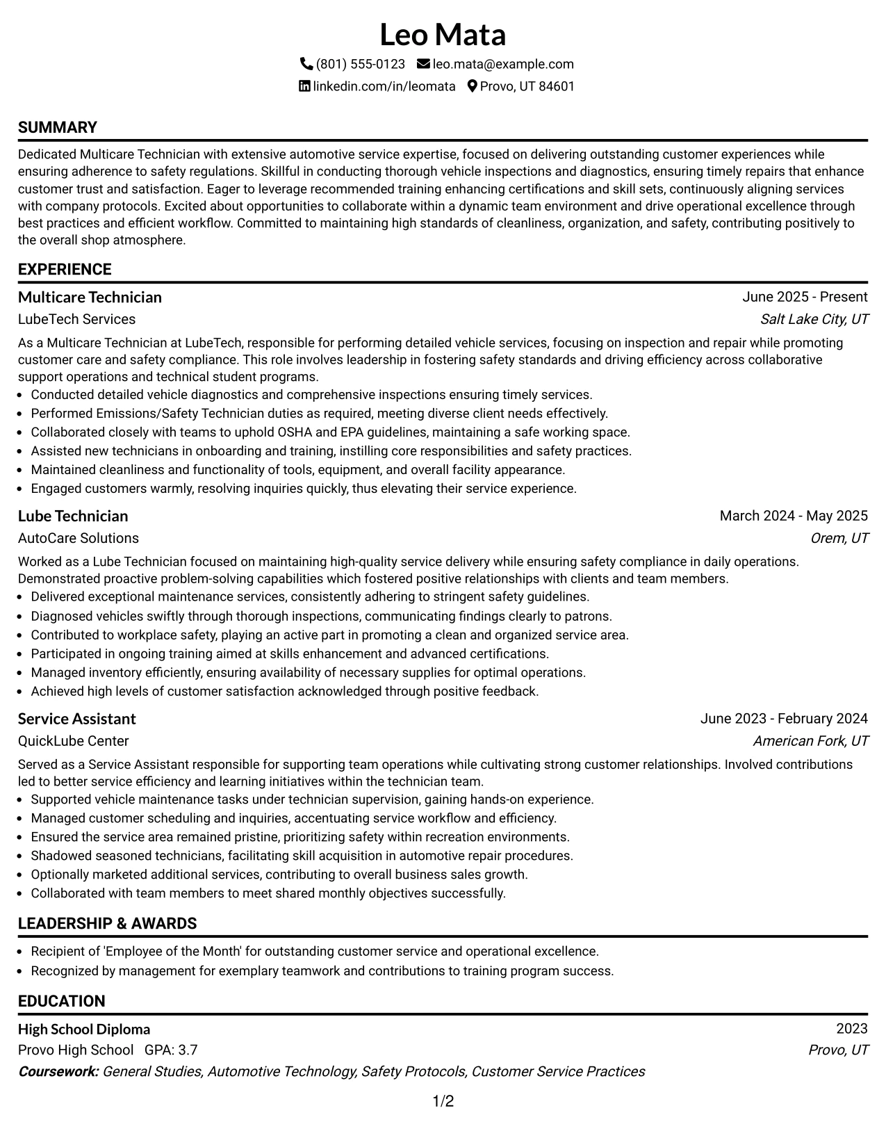Resume Example Page 1