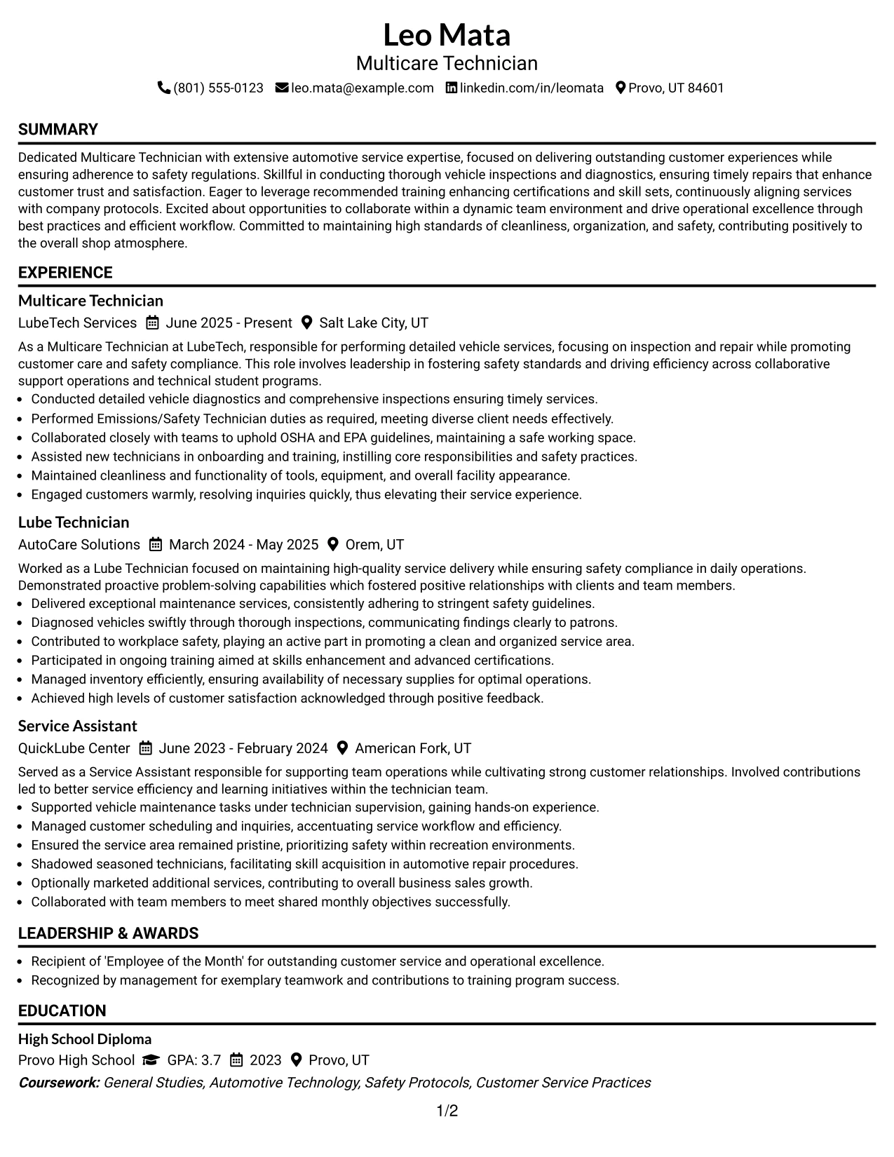 Resume Example Page 1