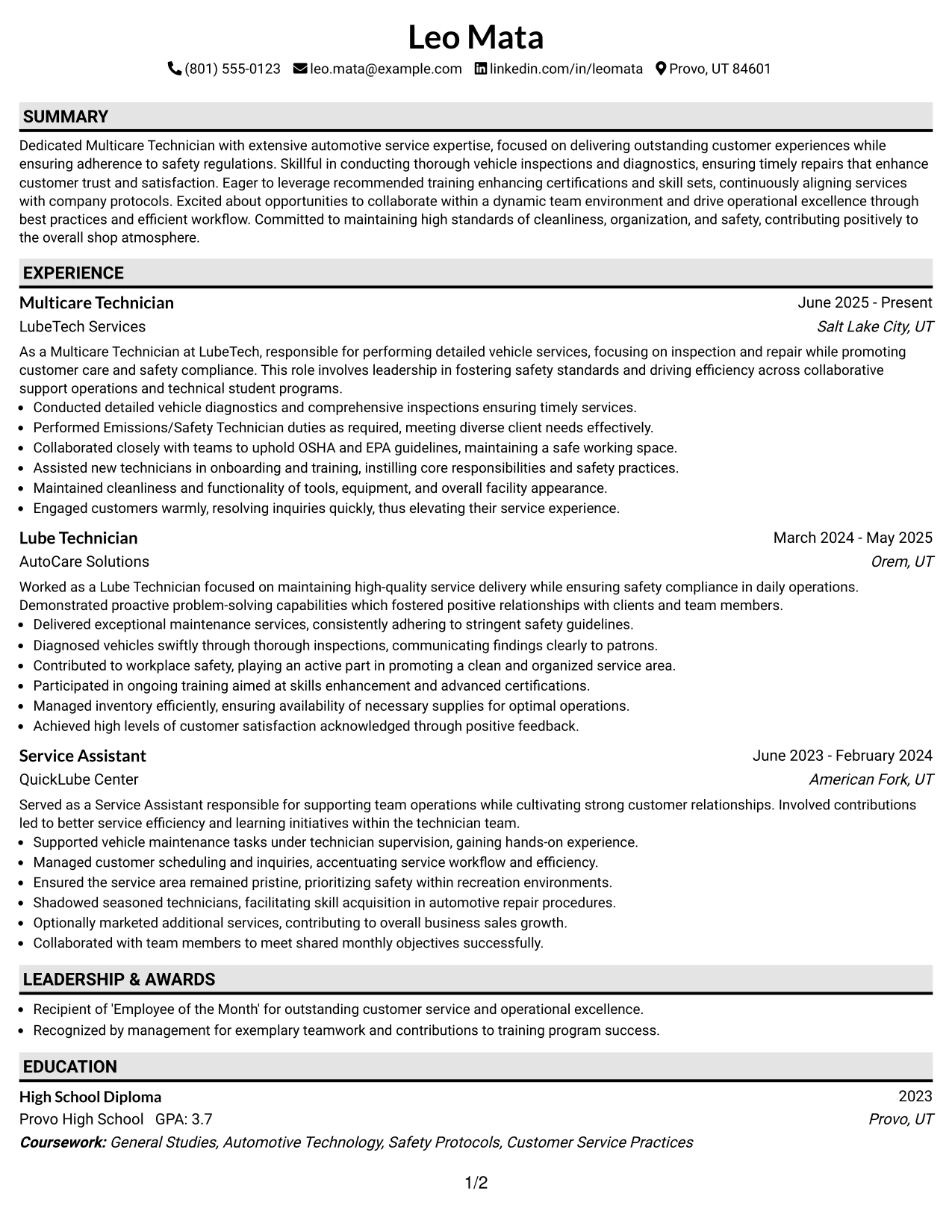 Resume Example Page 1
