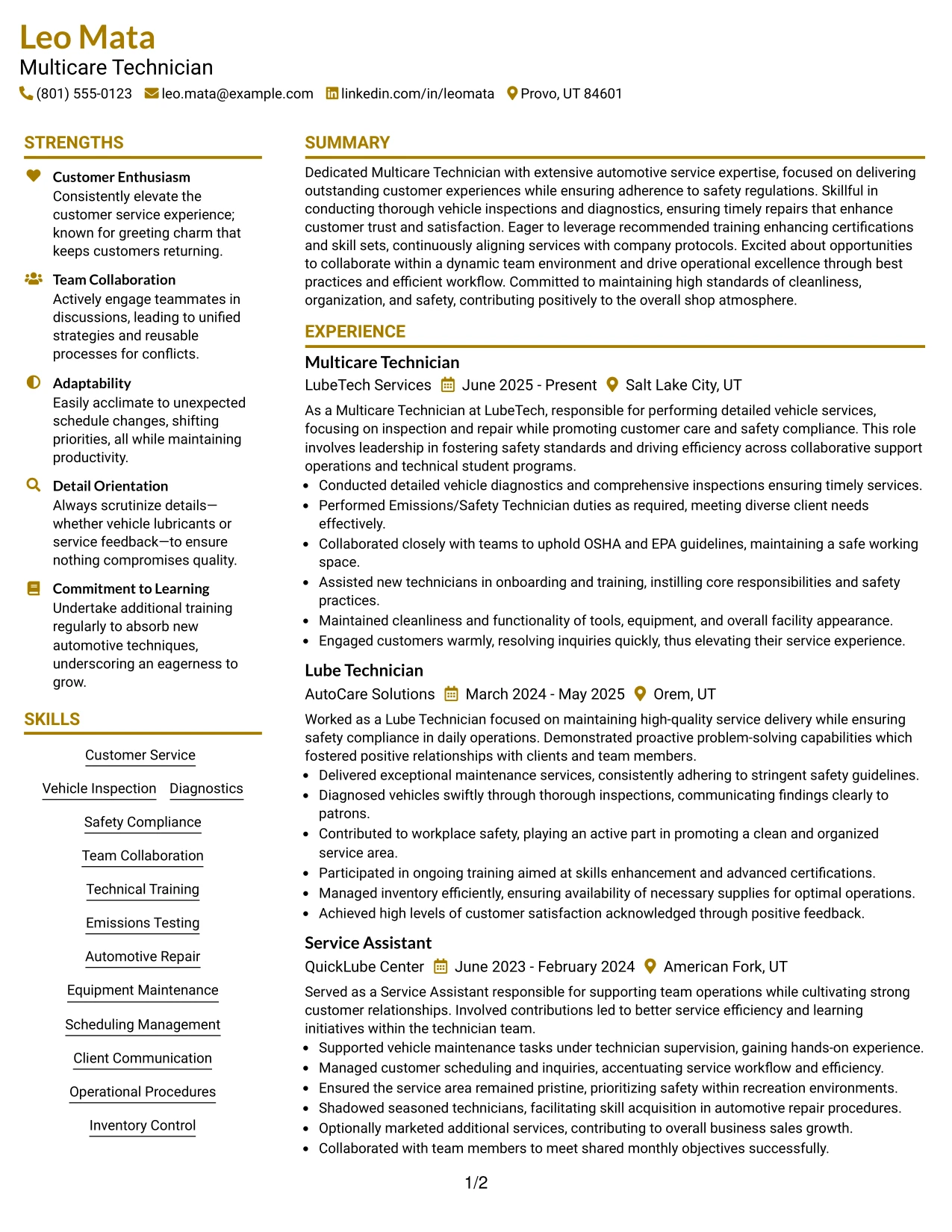 Resume Example Page 1