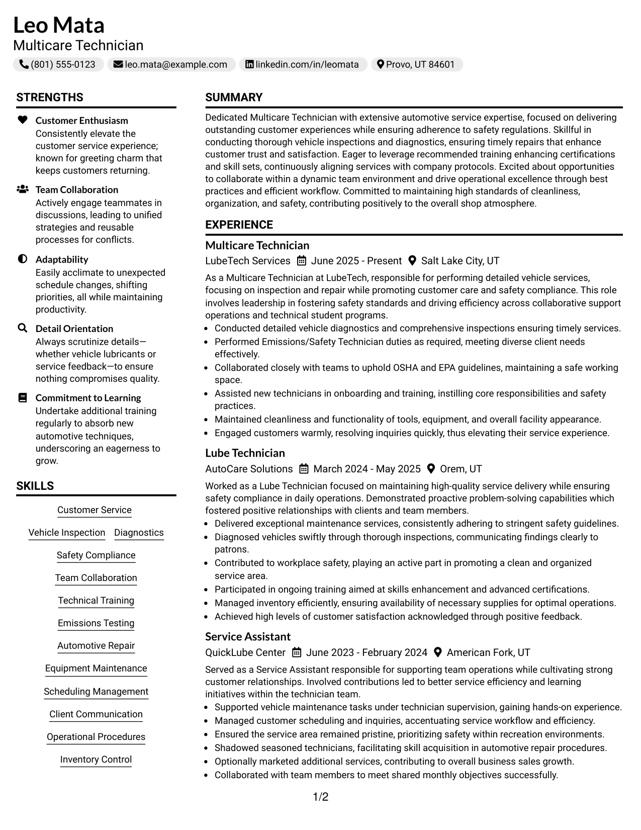 Resume Example Page 1
