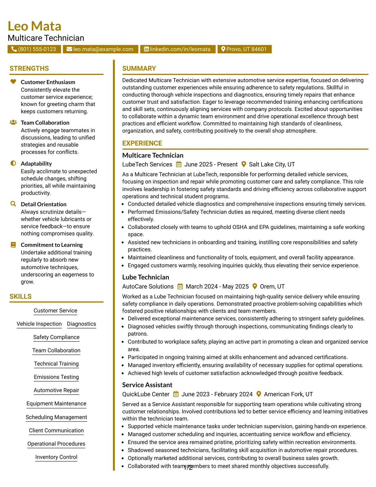 Resume Example Page 1