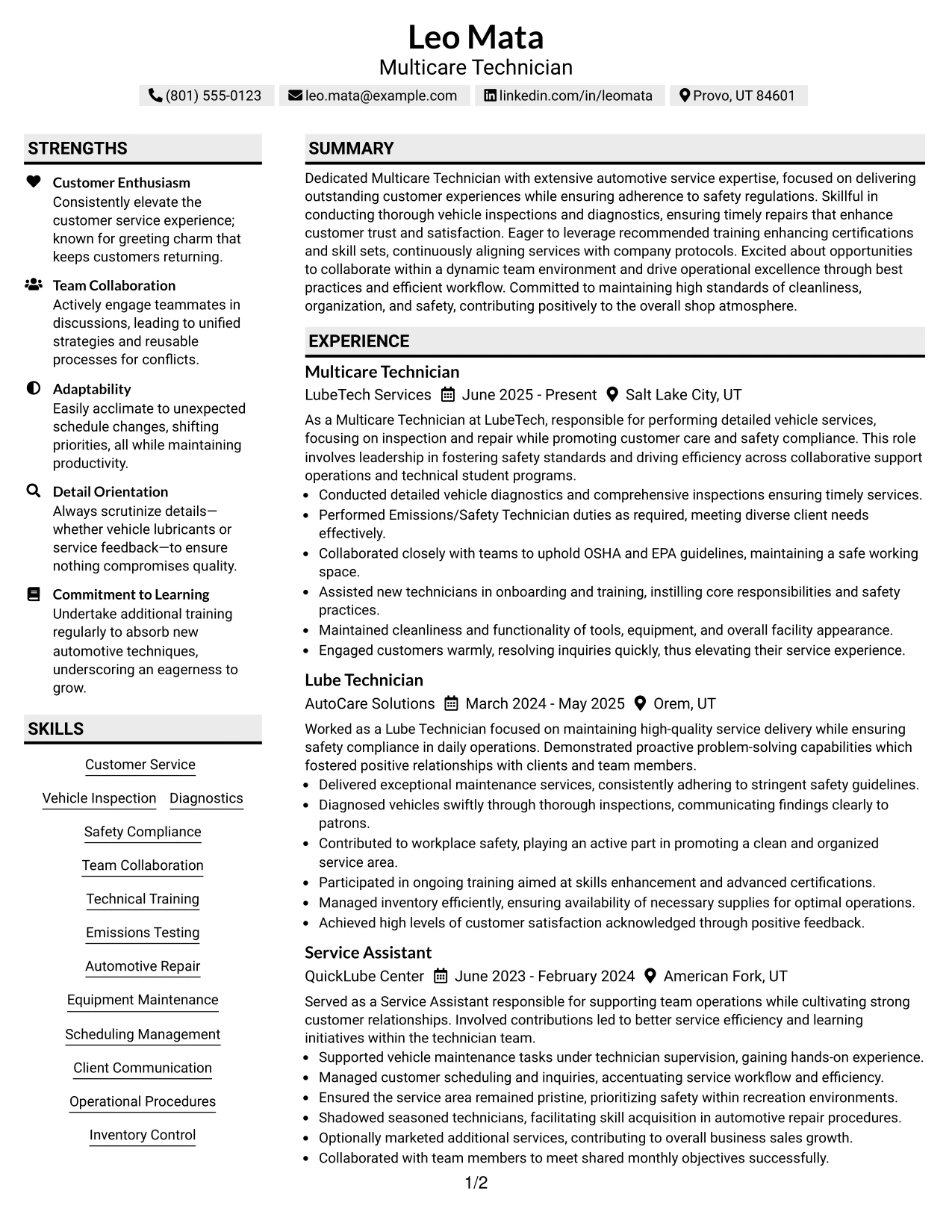 Resume Example Page 1