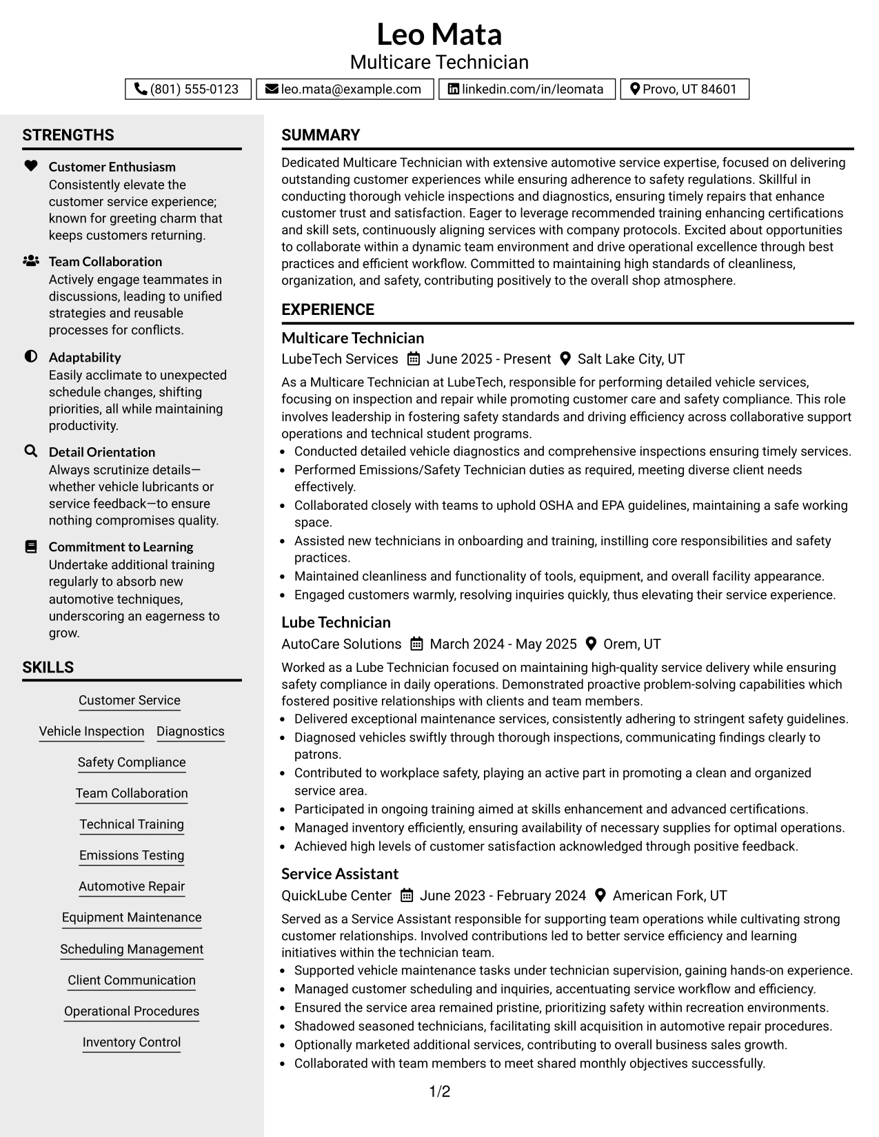 Resume Example Page 1