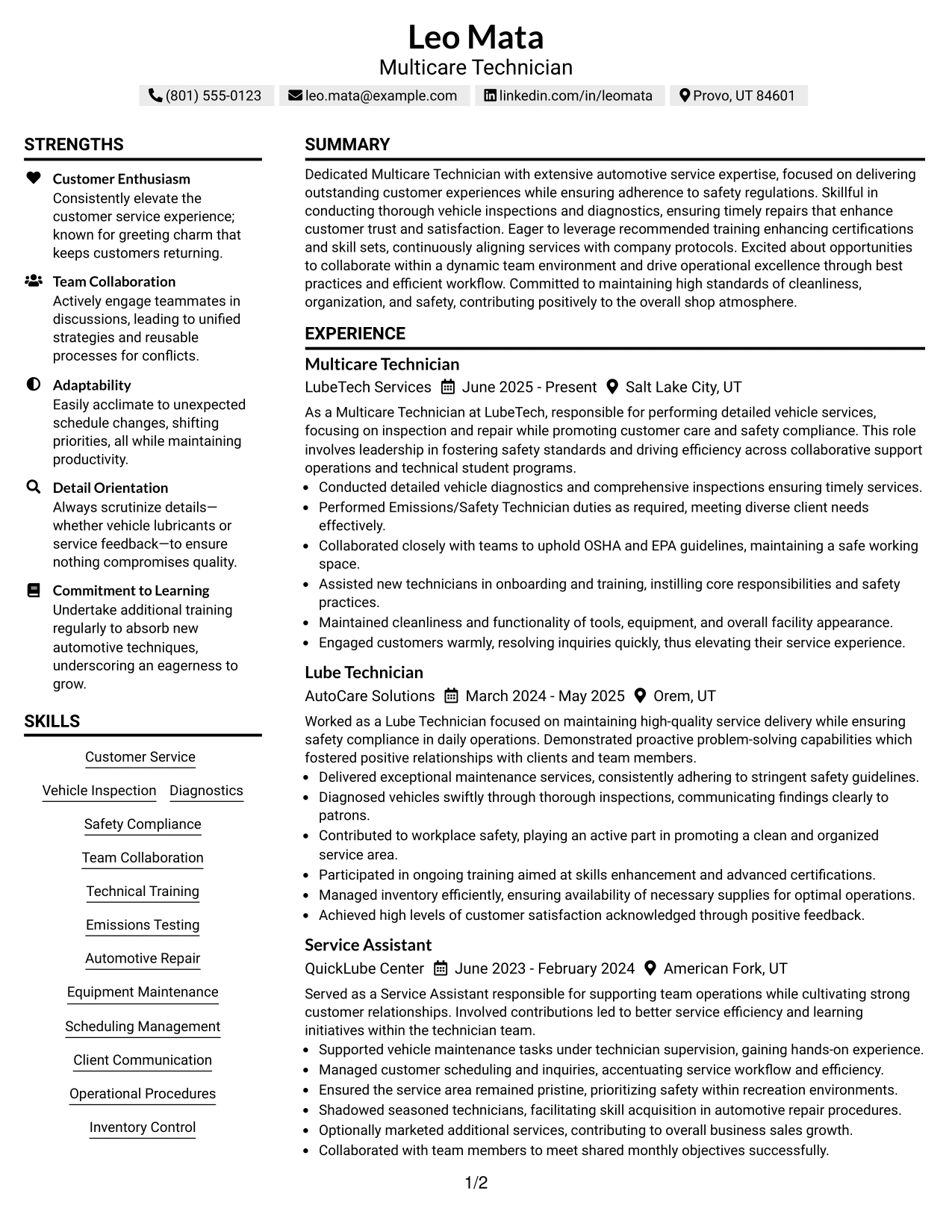 Resume Example Page 1