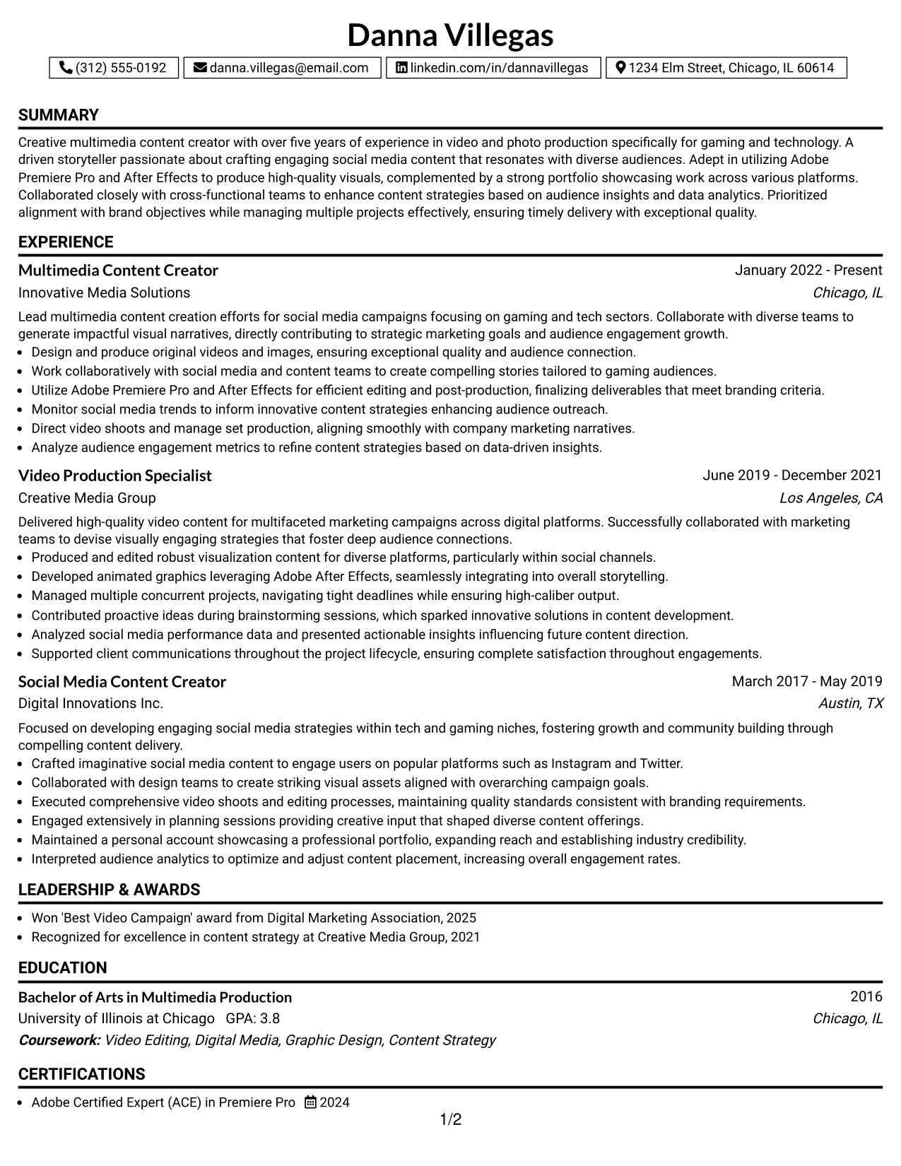 Resume Example Page 1