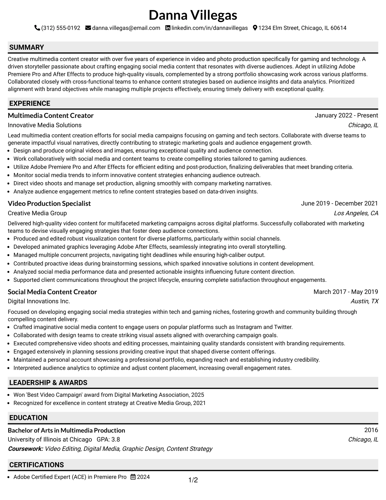 Resume Example Page 1