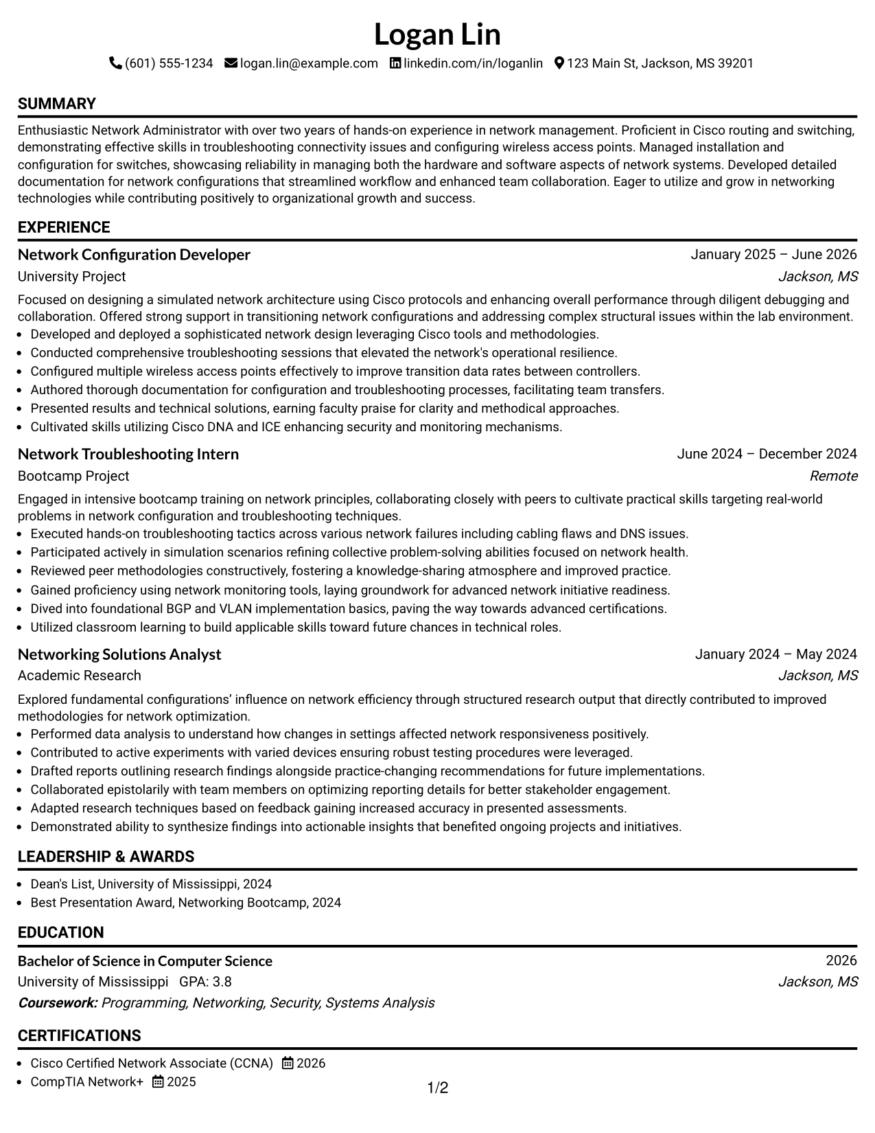 Resume Example Page 1