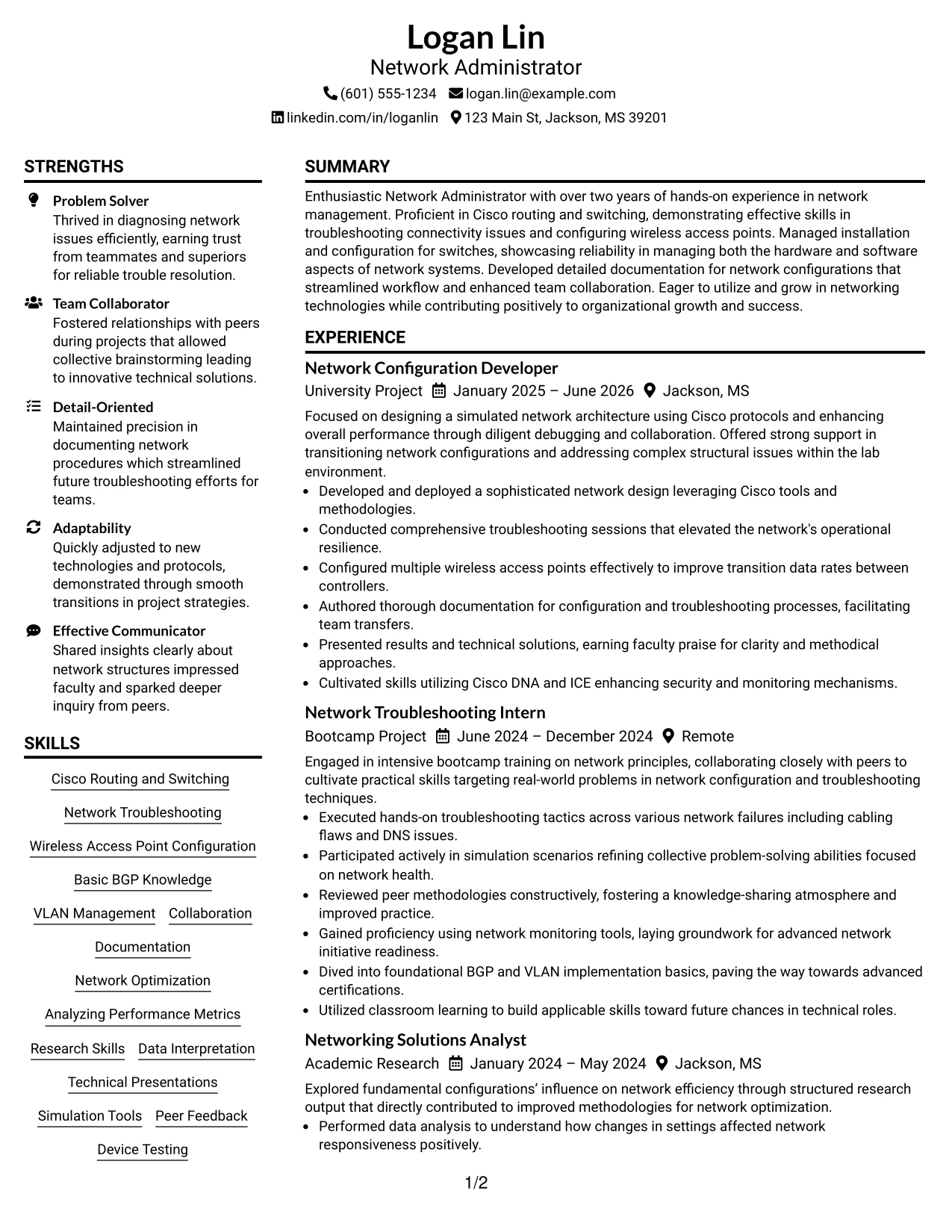 Resume Example Page 1