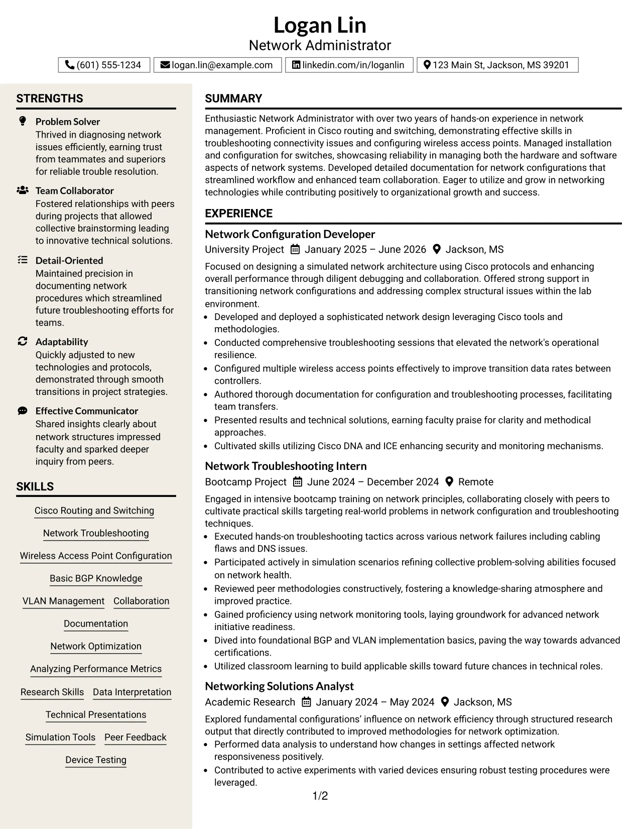 Resume Example Page 1