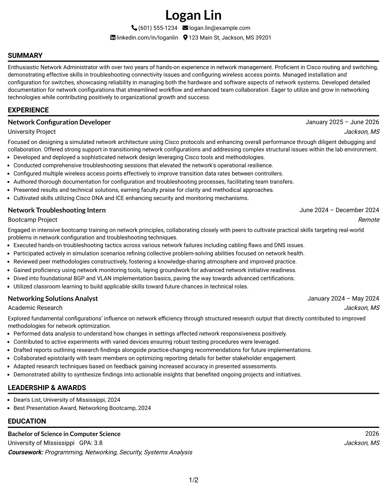 Resume Example Page 1