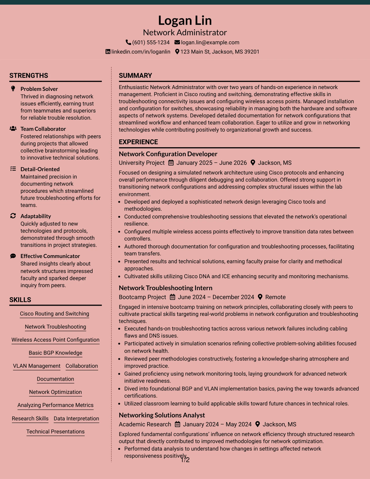 Resume Example Page 1