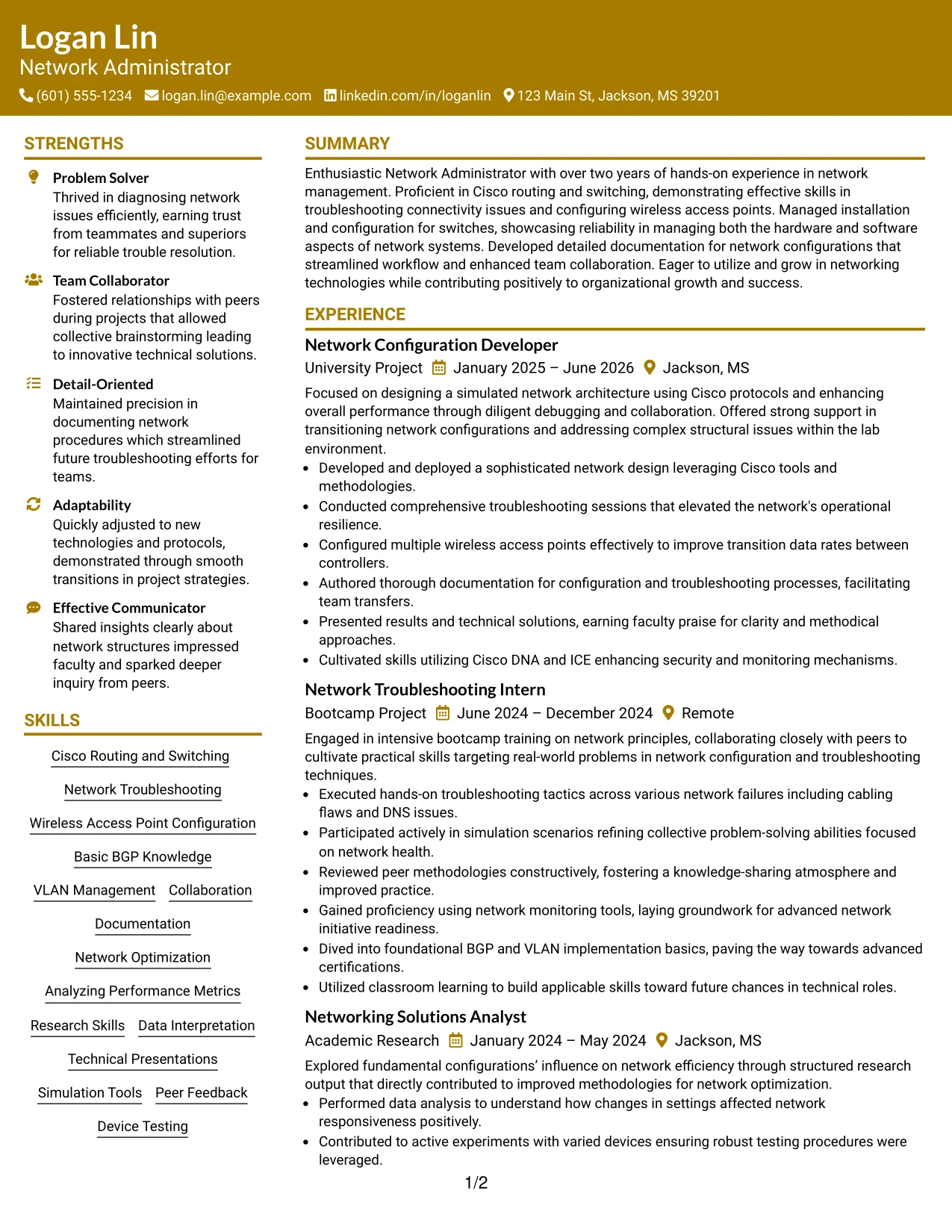 Resume Example Page 1