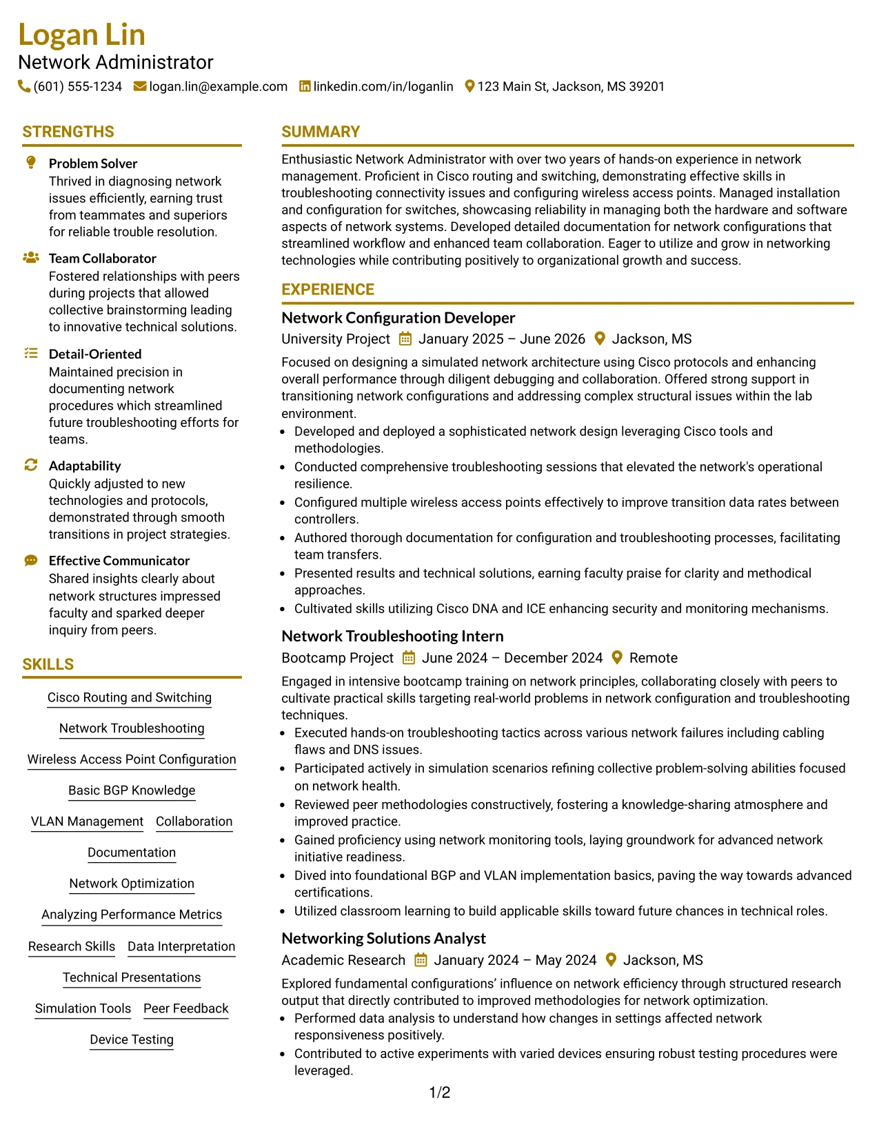 Resume Example Page 1
