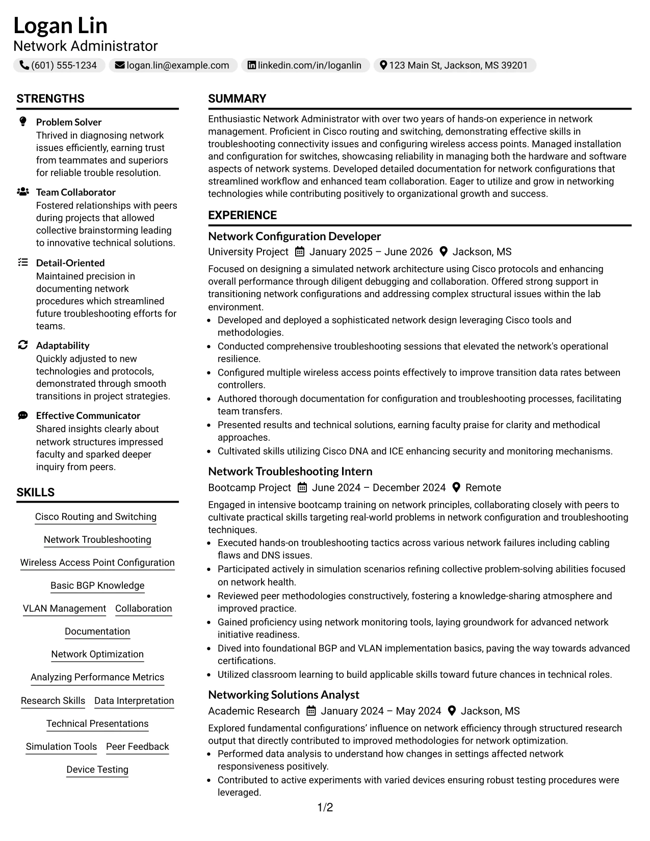 Resume Example Page 1