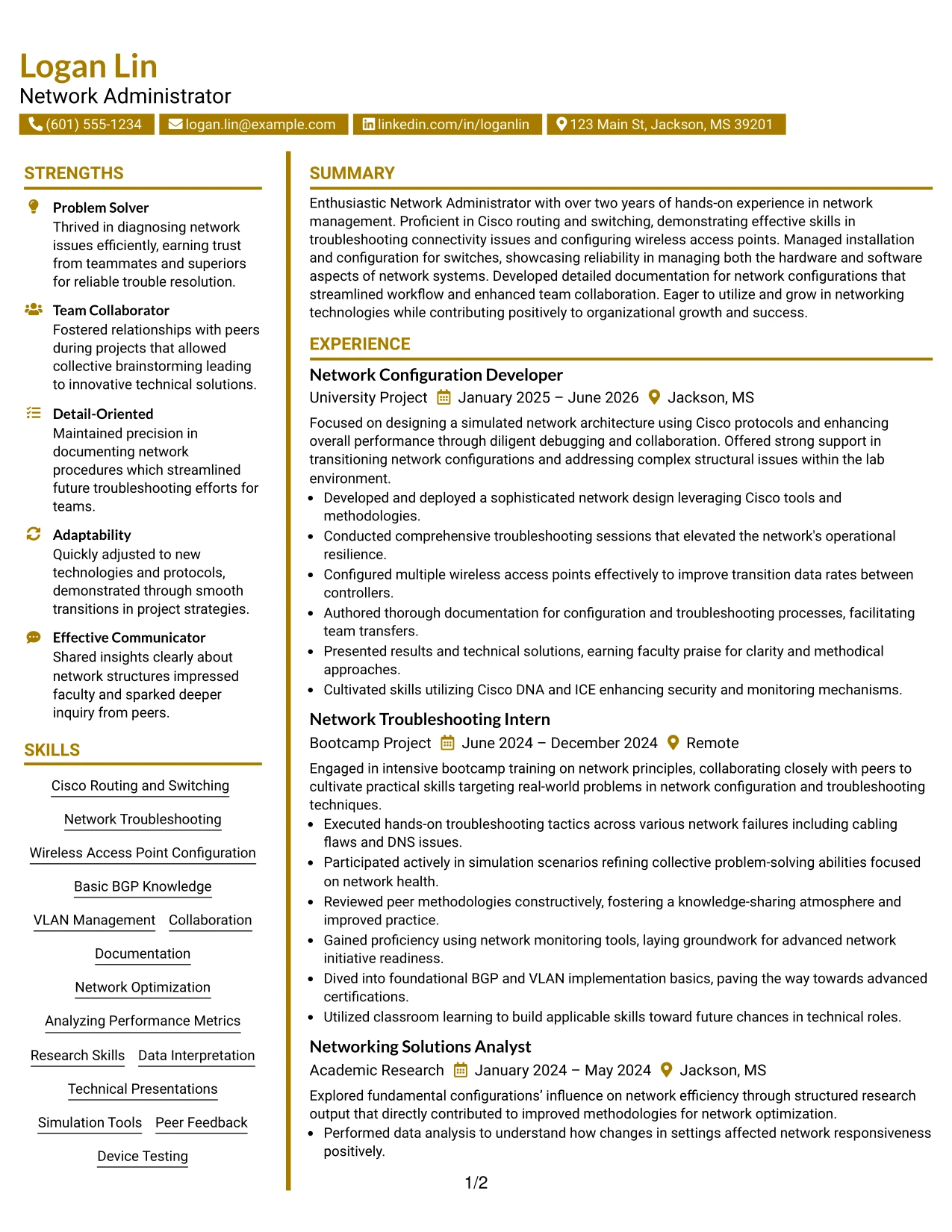Resume Example Page 1