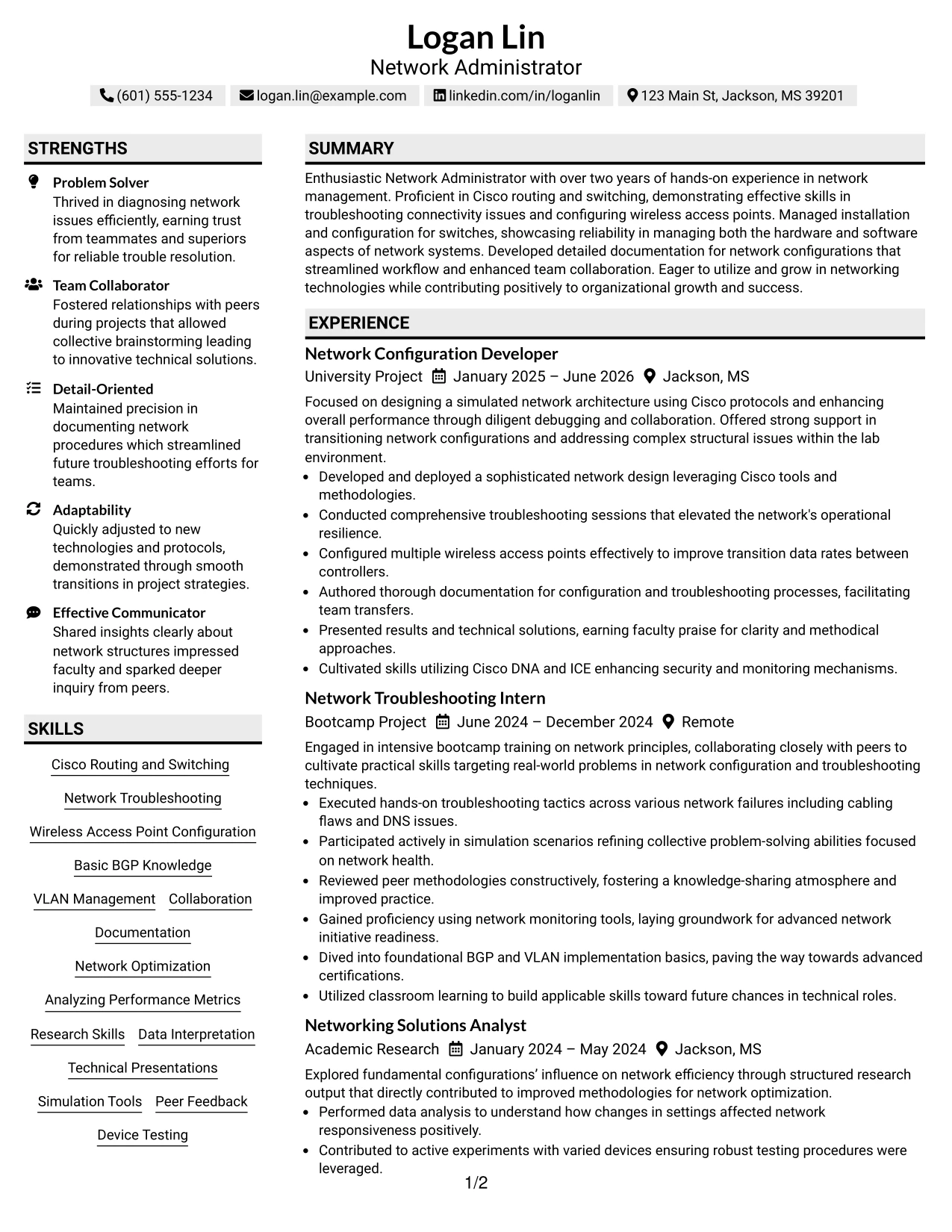 Resume Example Page 1