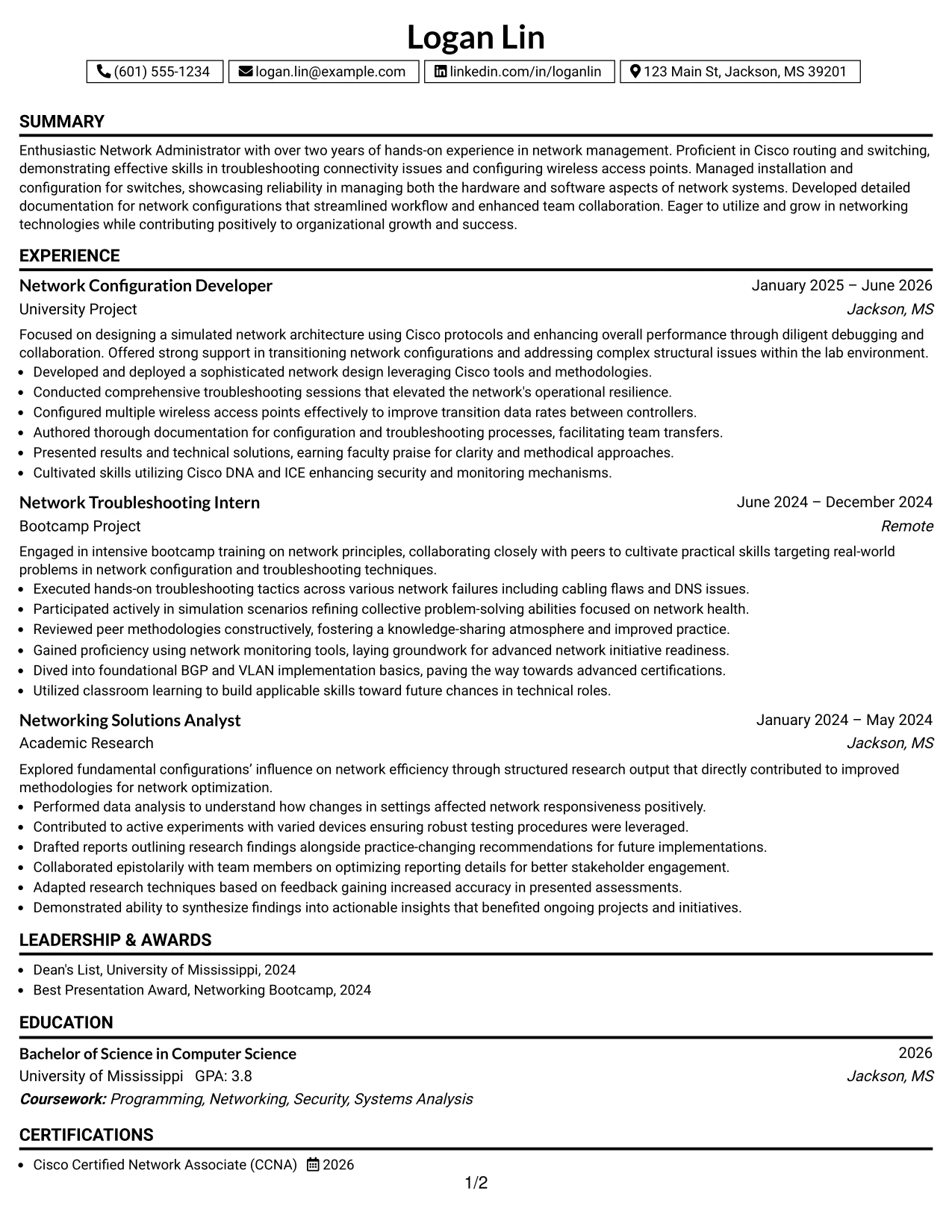 Resume Example Page 1