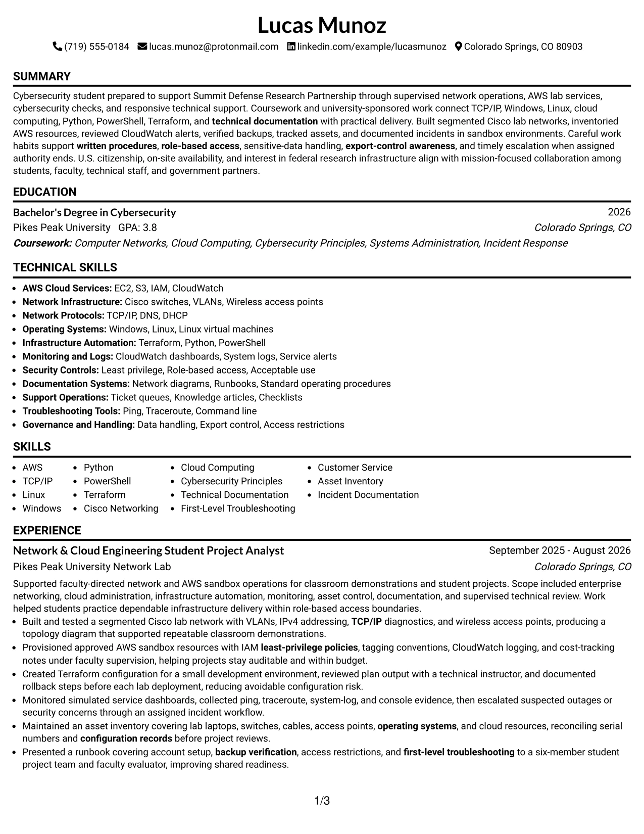 Resume Example Page 1