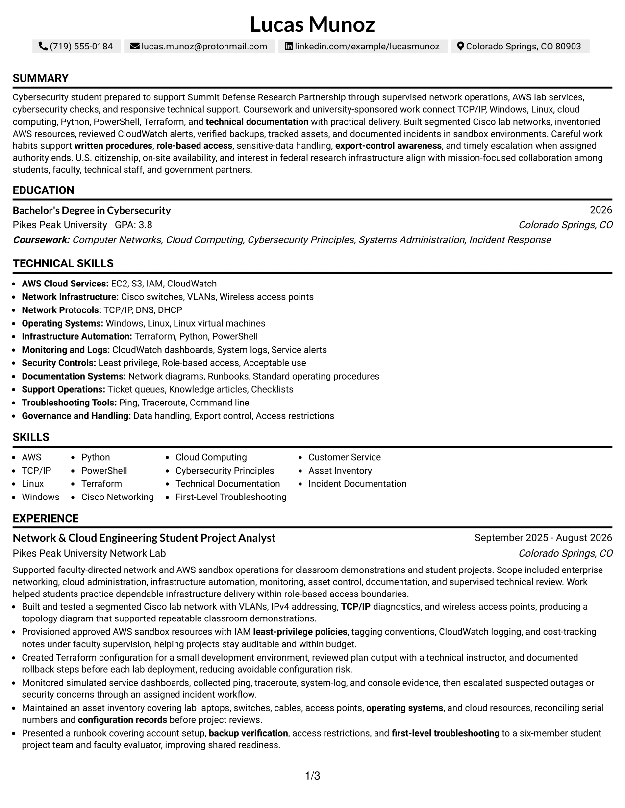 Resume Example Page 1