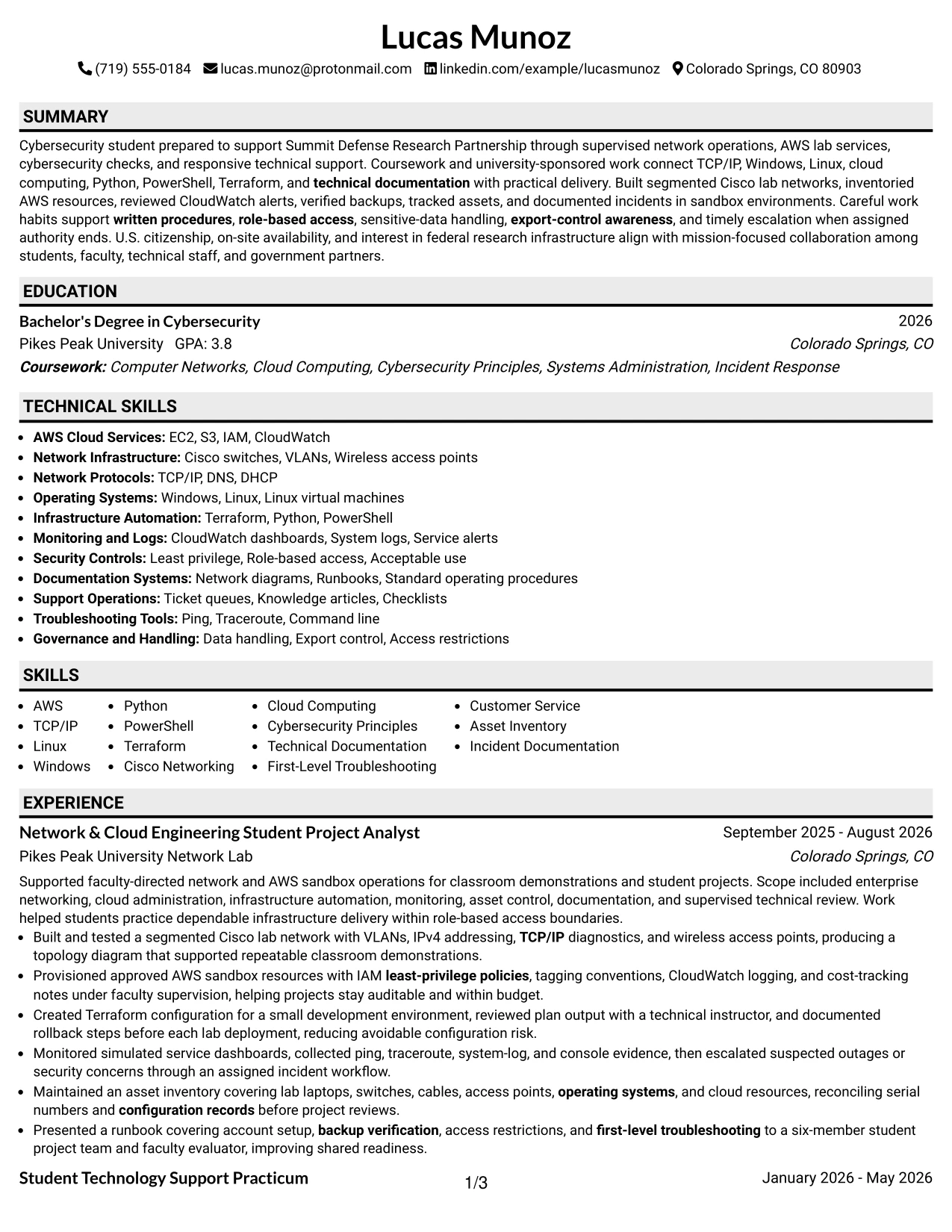 Resume Example Page 1