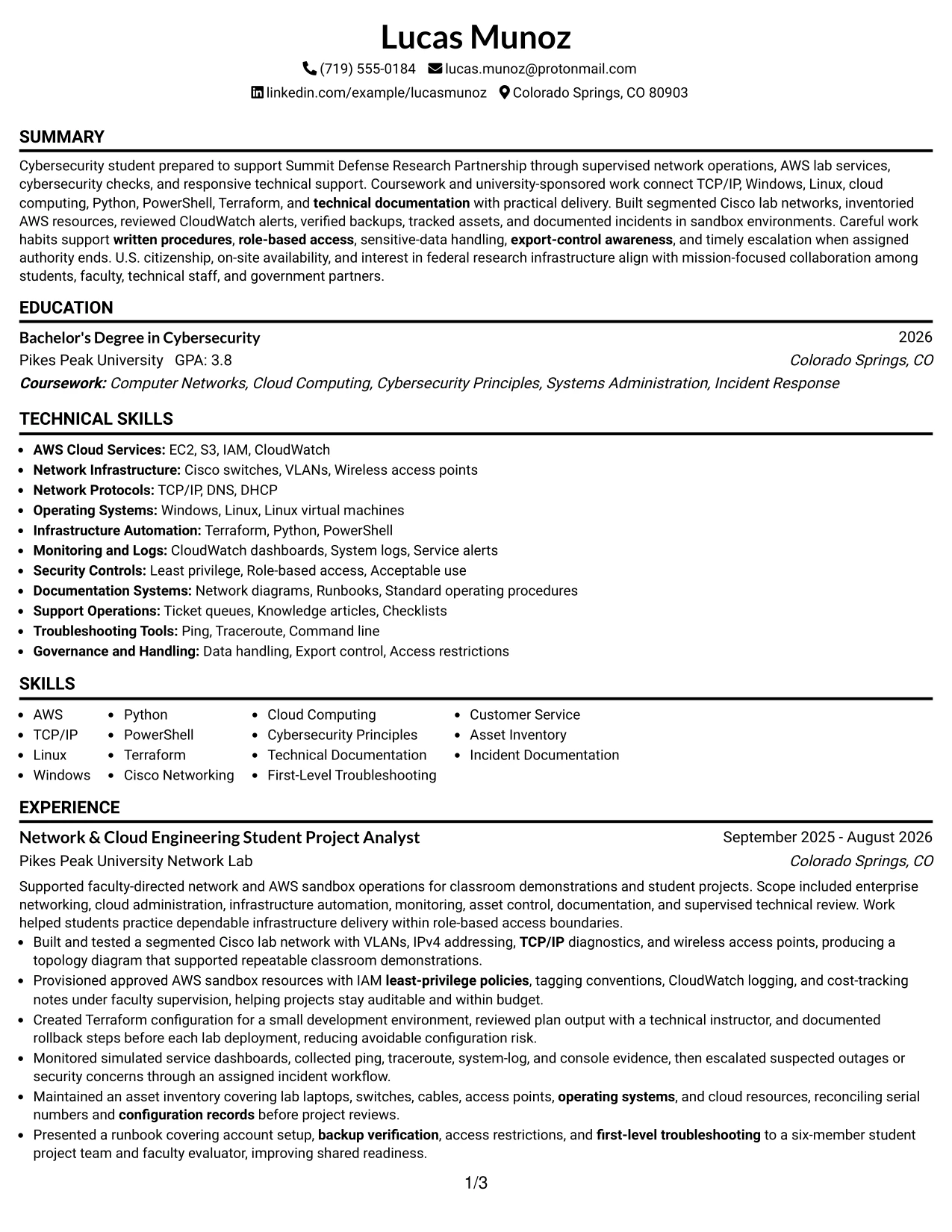 Resume Example Page 1