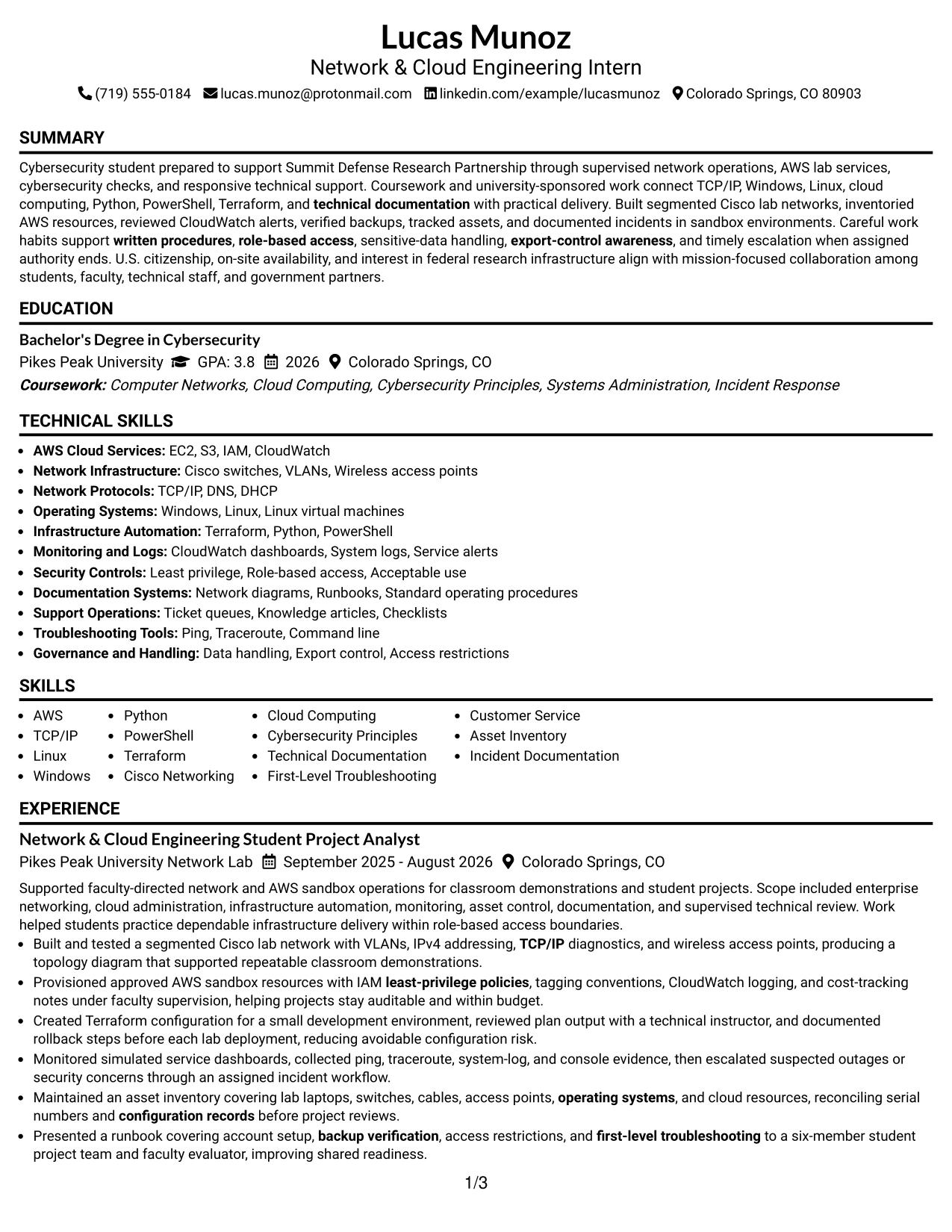 Resume Example Page 1