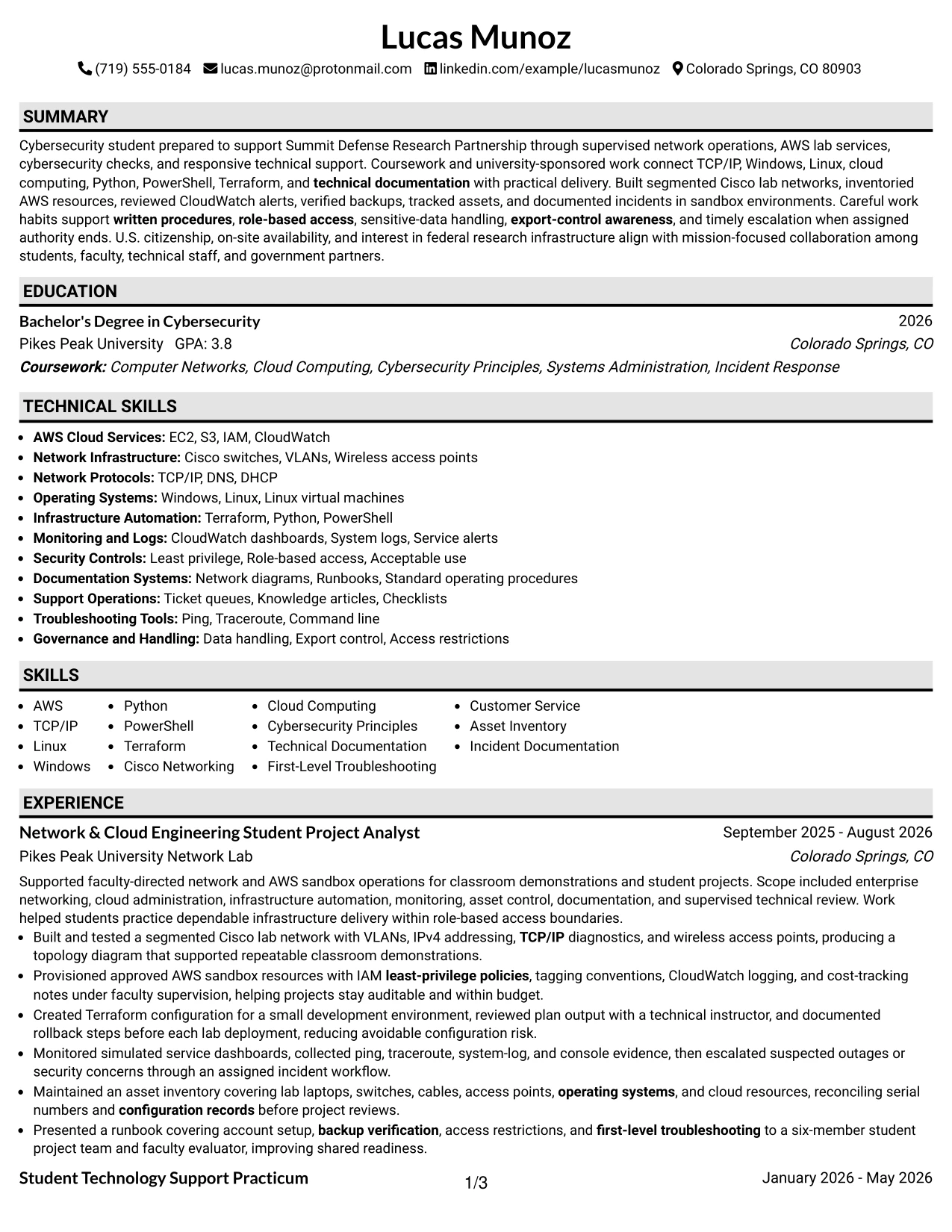 Resume Example Page 1