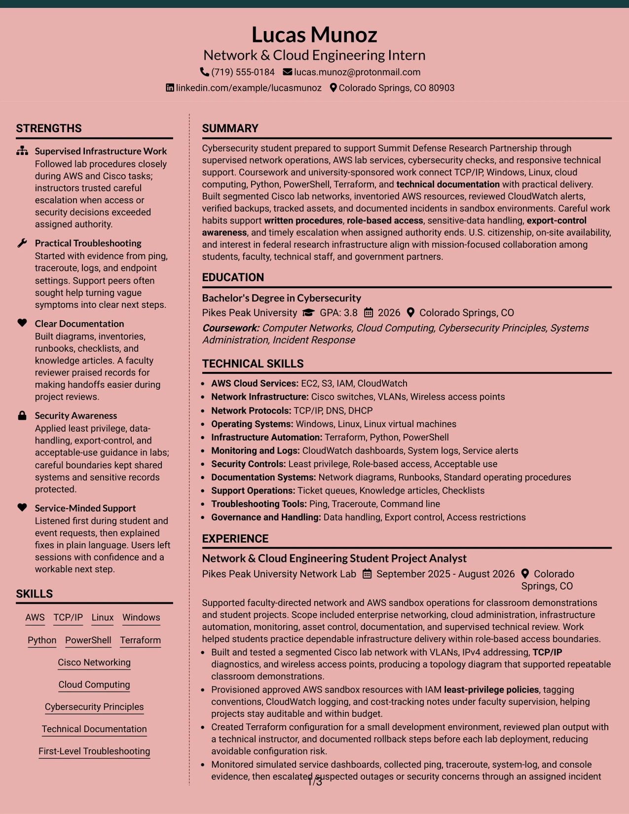 Resume Example Page 1