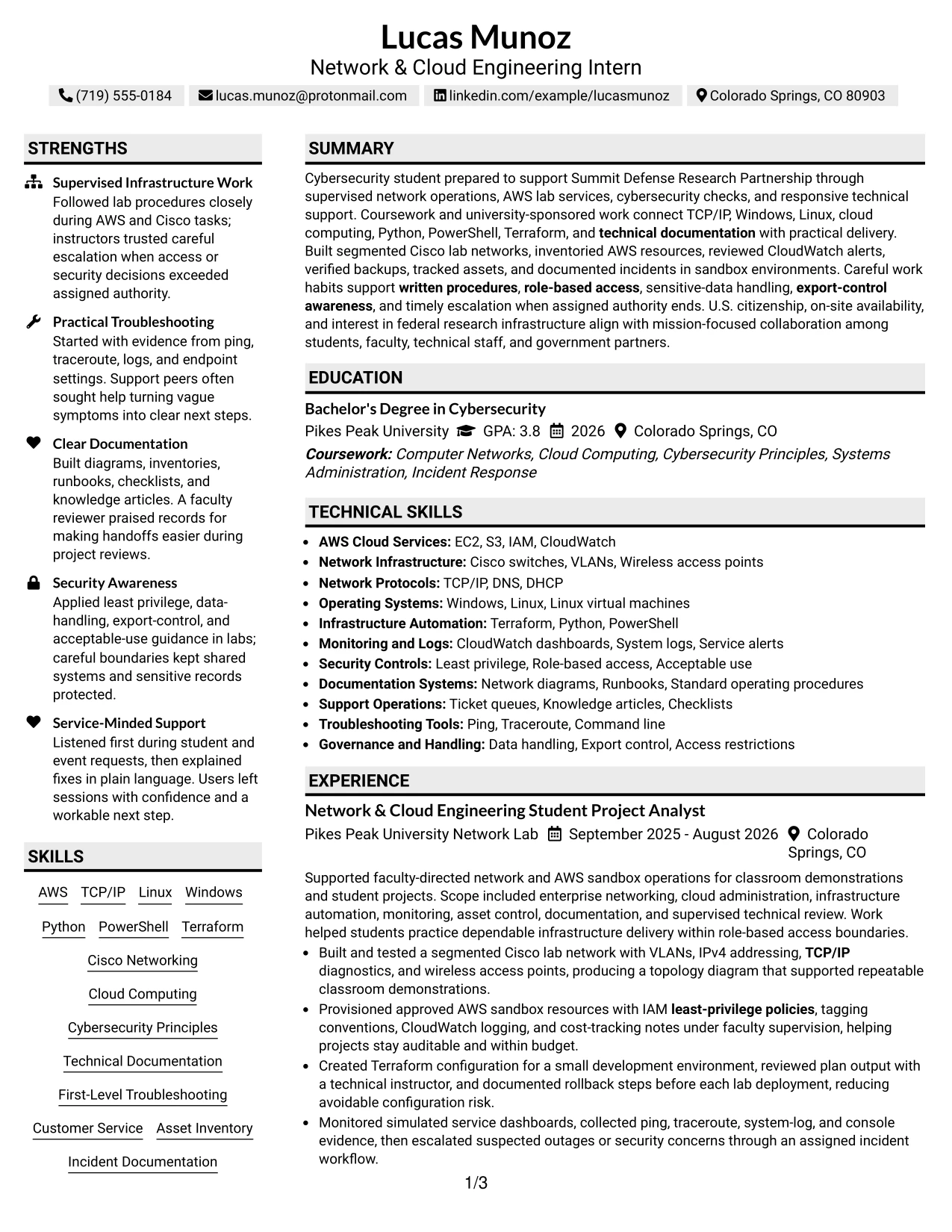 Resume Example Page 1
