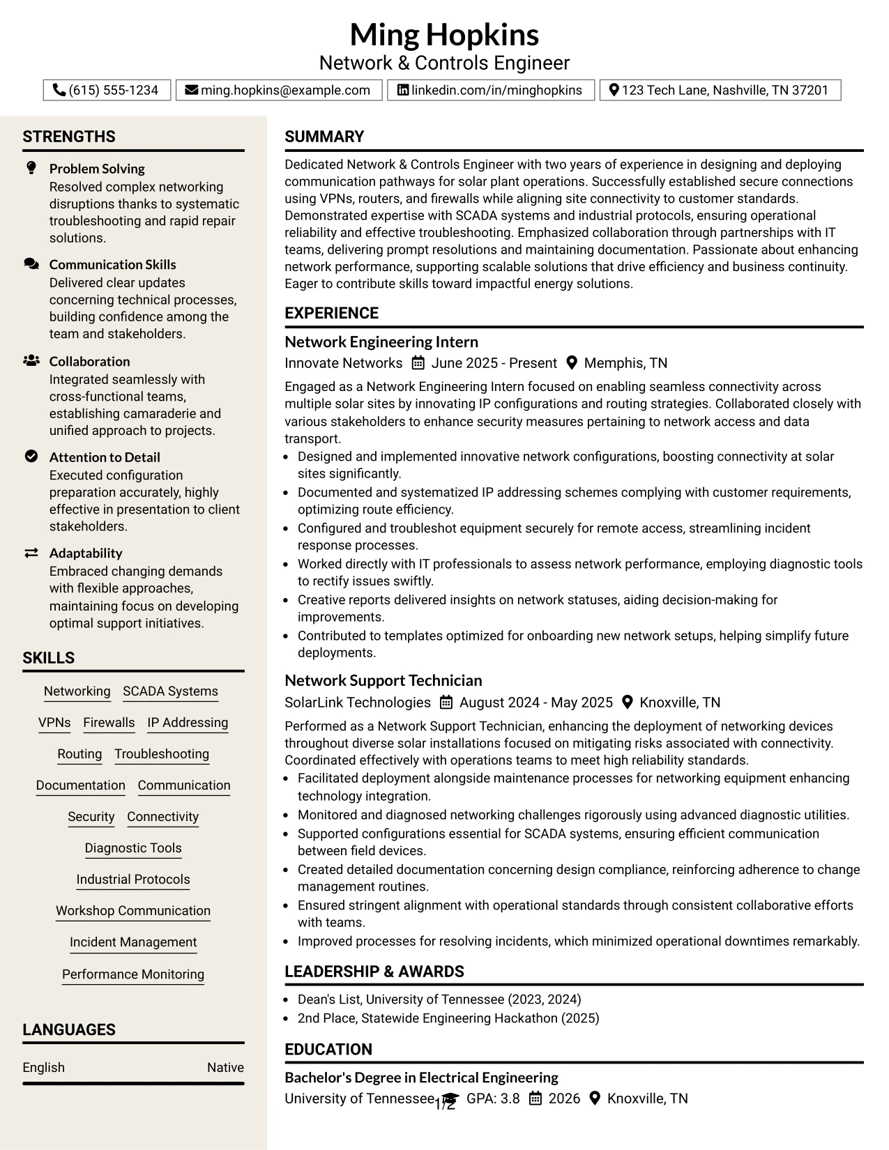 Resume Example Page 1