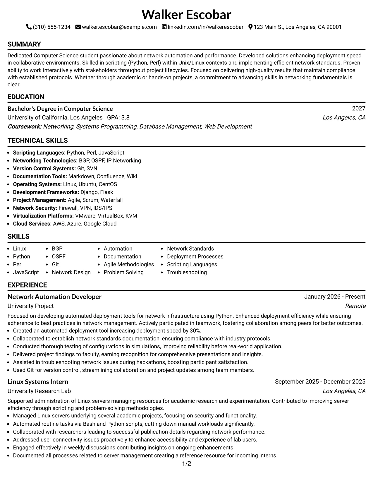 Resume Example Page 1