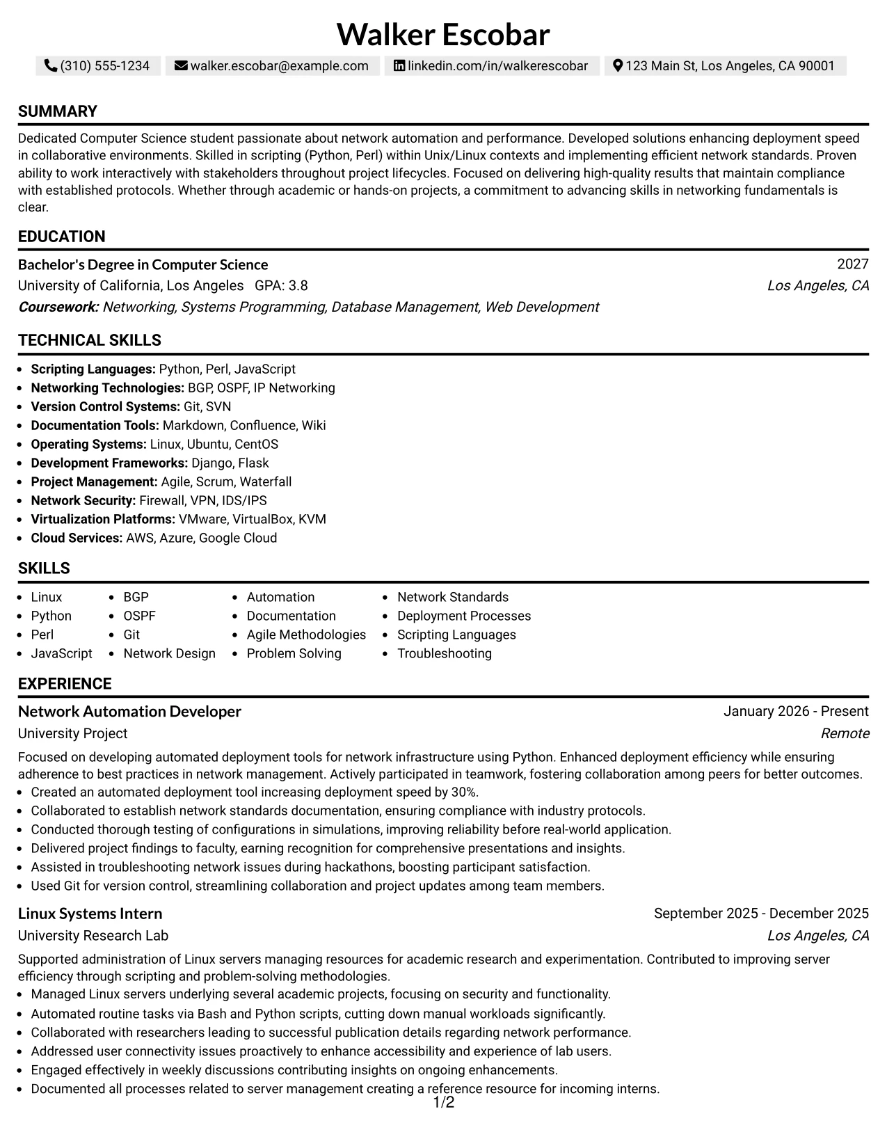 Resume Example Page 1