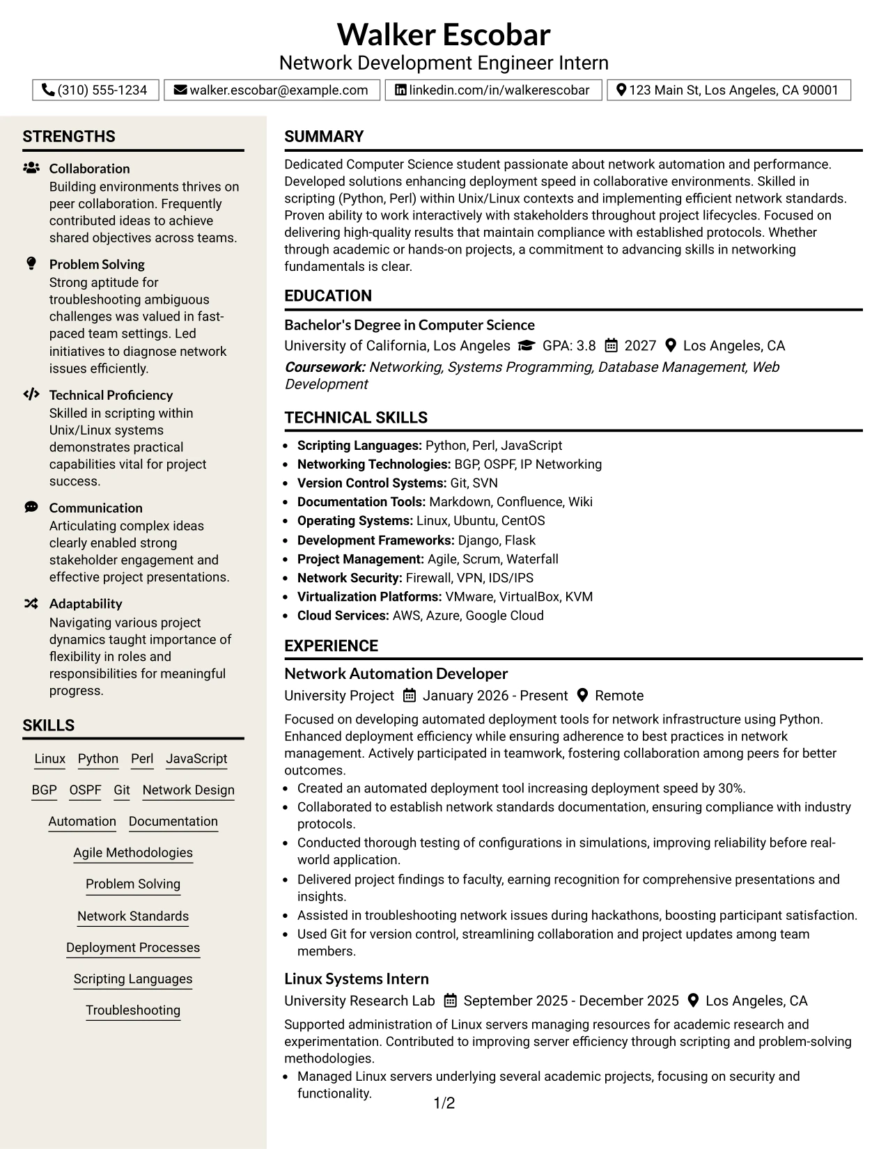 Resume Example Page 1
