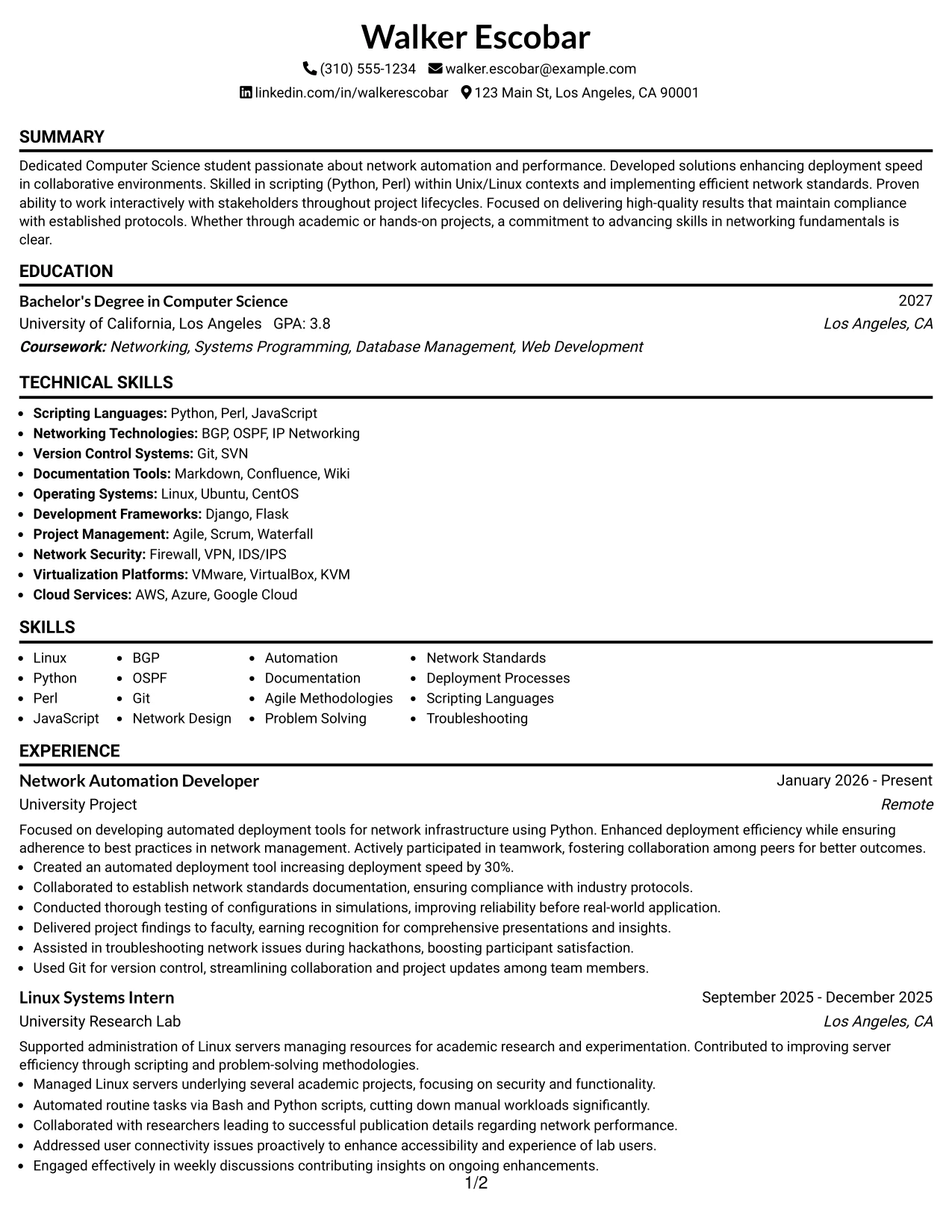 Resume Example Page 1