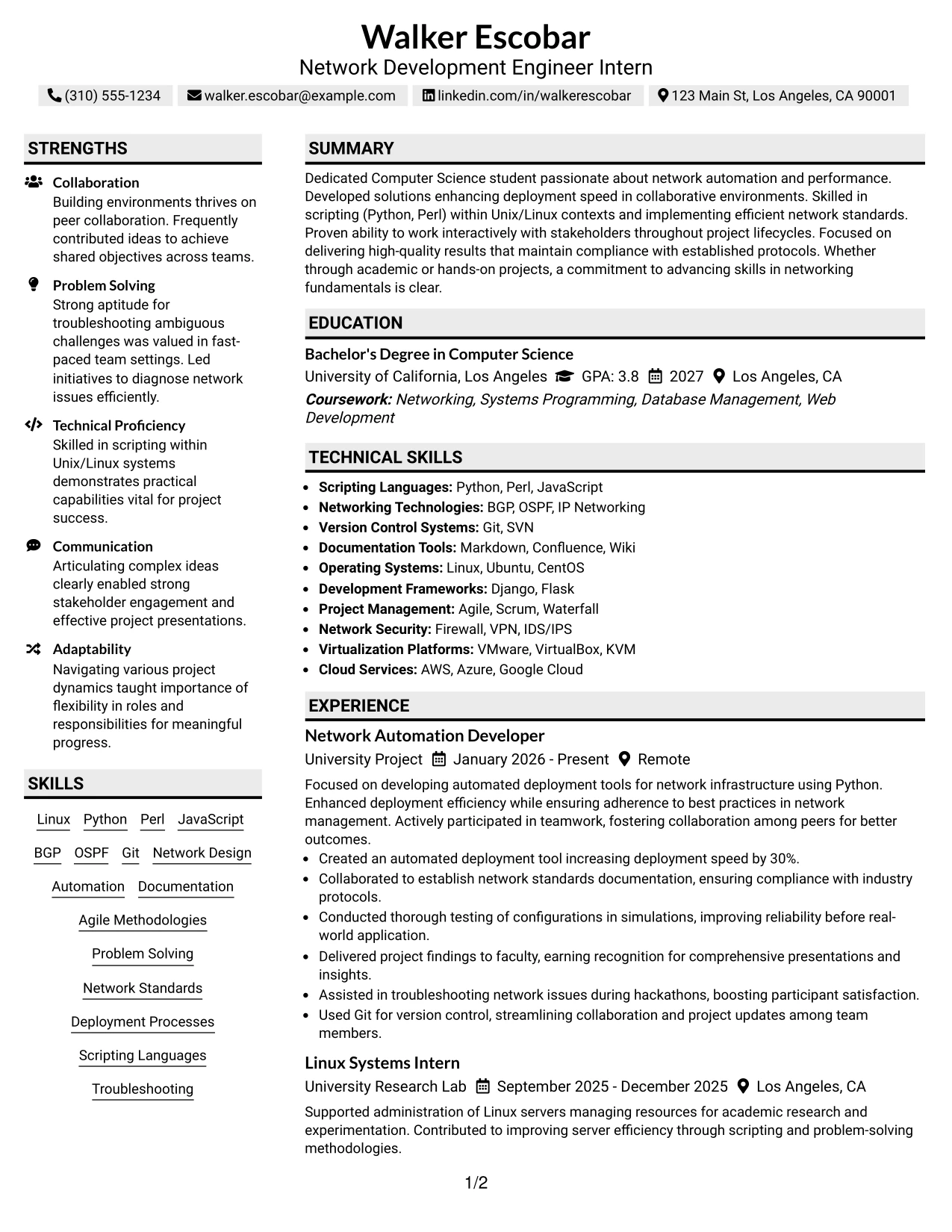 Resume Example Page 1