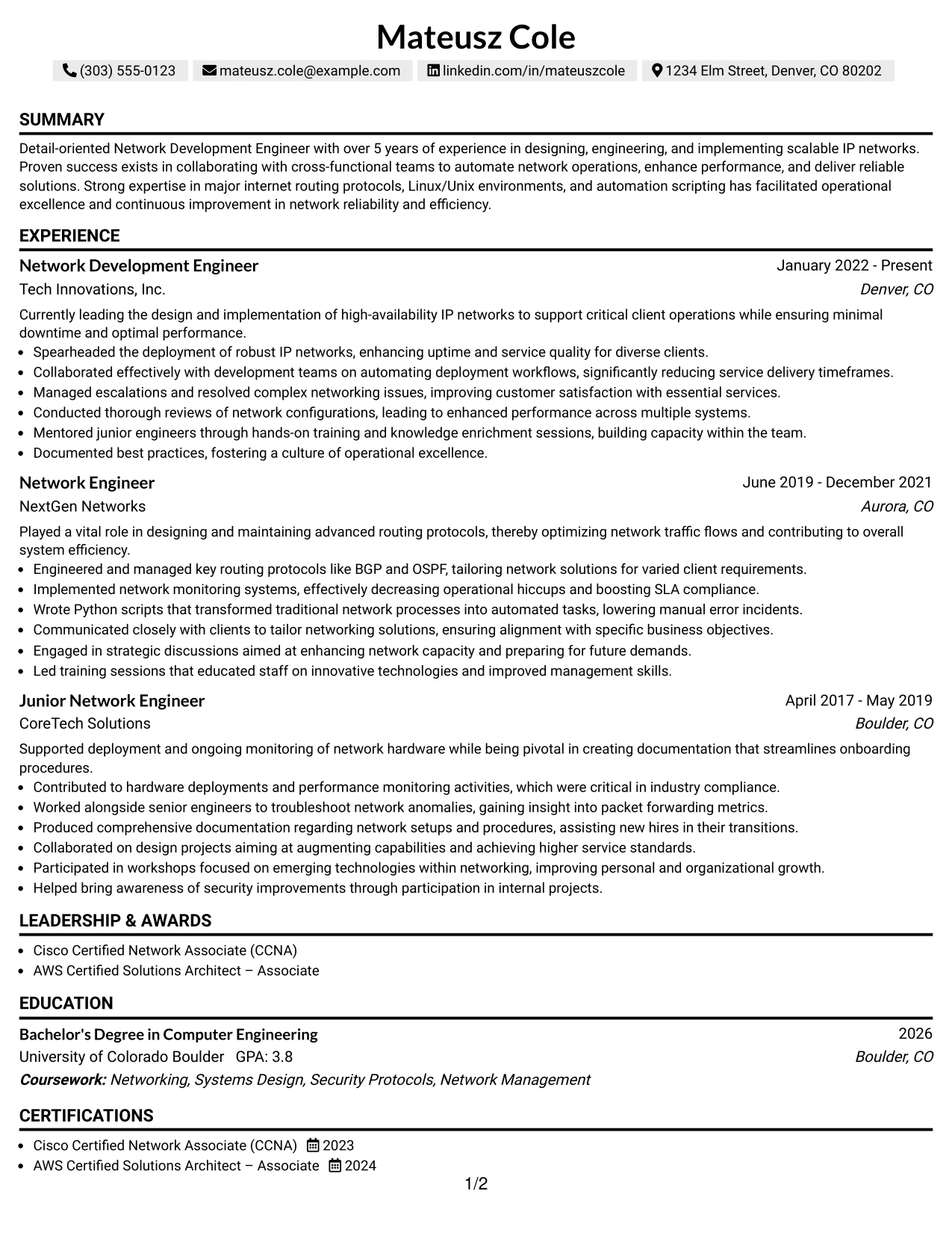 Resume Example Page 1